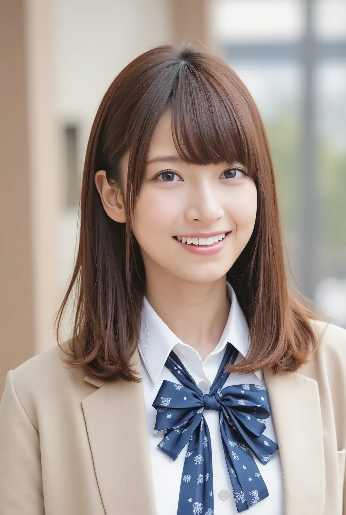 Neat Young Woman、and look at the camera、office lady suit、jacket、shirt、ear piercing、smile showing teeth、 pale brown hair、people talking in the background is inside the room、