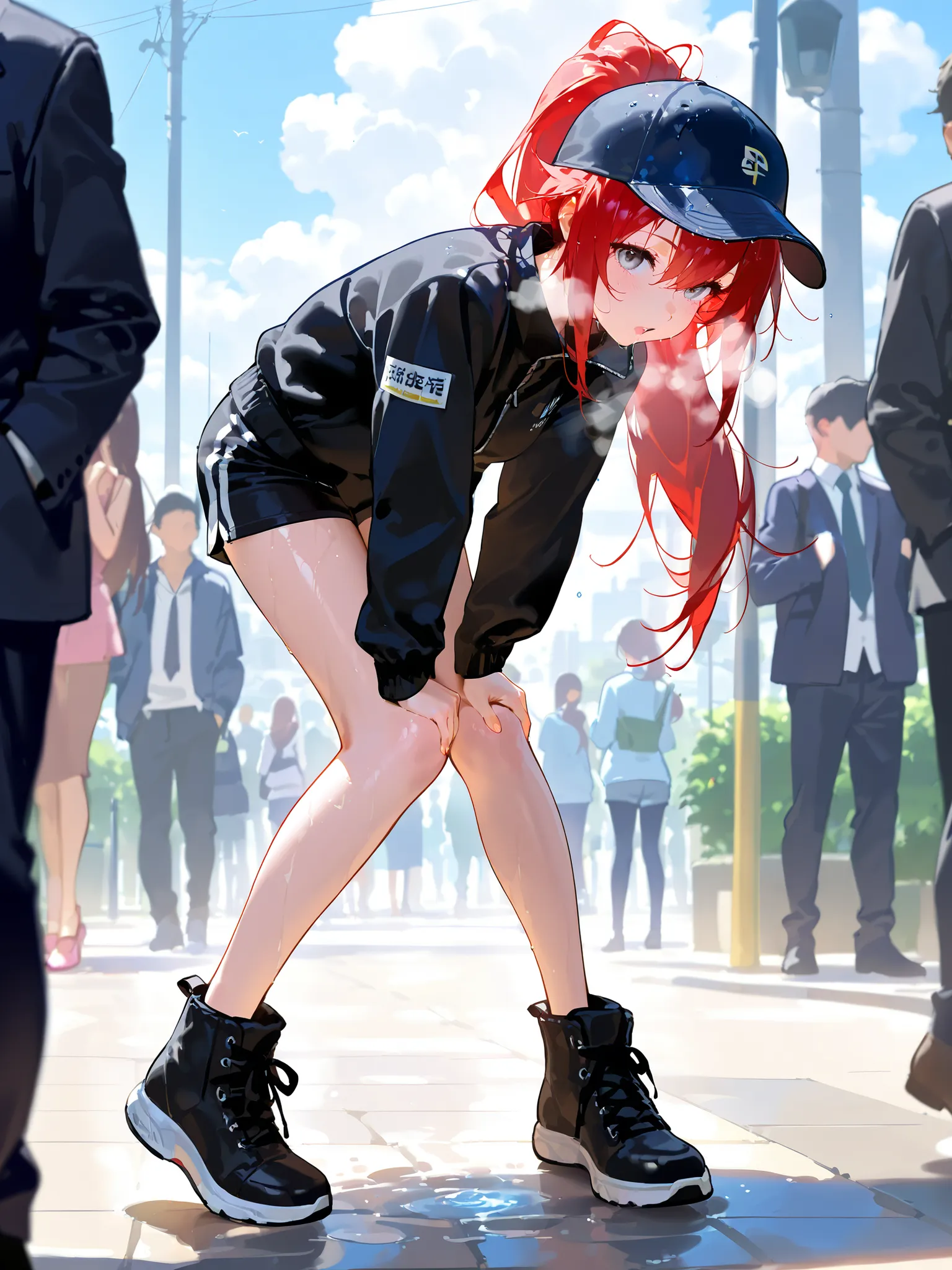 Rain Patterson、1 girl、super detail）、（（masterpiece）），（Highest Quality）、（very aesthetic）、red hair、gray eyes、masterpiece、jacket、shorts、outdoor、garden、Kusamura、earthen ground、sexy legs、standing、Passersby、 being looked at by a man、in a crowd、ponytail、long legs、...