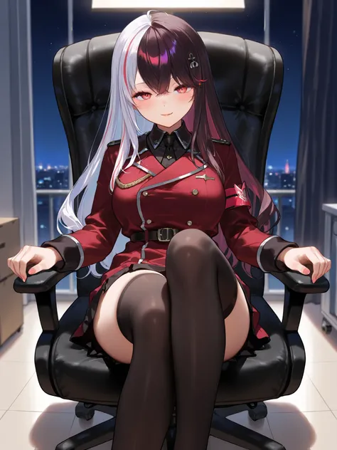 night viewing（Nijisanji）、1 girl、nsfw..（super detail）、（（masterpiece）），（Highest Quality）、（very aesthetic）、white and black half color hair、long hair、red eyes、masterpiece、deep maroon military uniform、income、Job Room、office chair、sitting