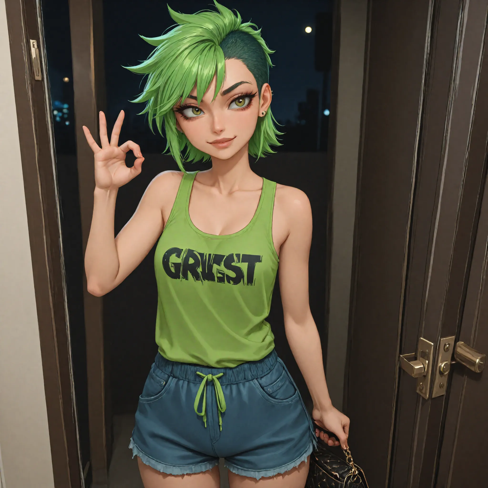 An aggressive-looking prostitute with short punk green hair, lashes with shaved temples , With , pierced , in a tight tank top, in short denim shorts, is standing in the doorway in the stairwell, sweatpants grins angrily, with a purse, shows an indecent...