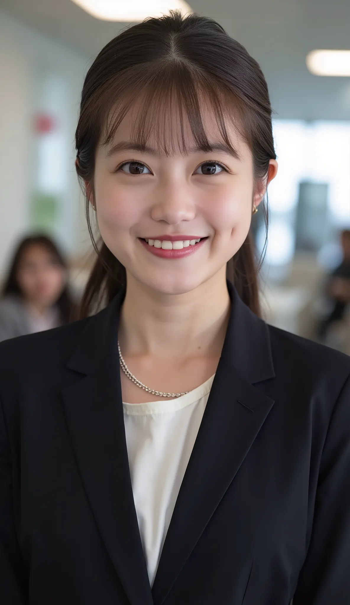 Neat Young Woman、 pale brown hair、Hairstyle Semi Long、and look at the camera、office lady suit、jacket、shirt、necklace、smile showing teeth、people talking in the background is inside the room、