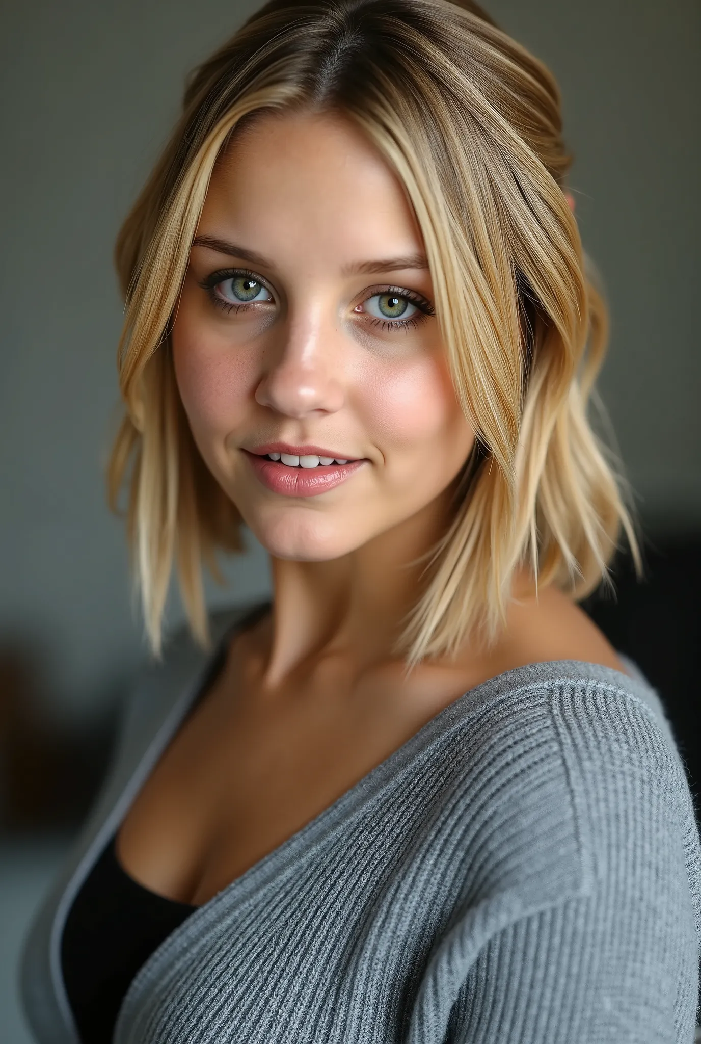 nicees blondes Mädchen , full body view , nice , ultrarealistisch , Mittleres Haar , Blondes Haar , good quality , Grauer Pullover , Detaillierte Haut , Meisterwerk , Selfie