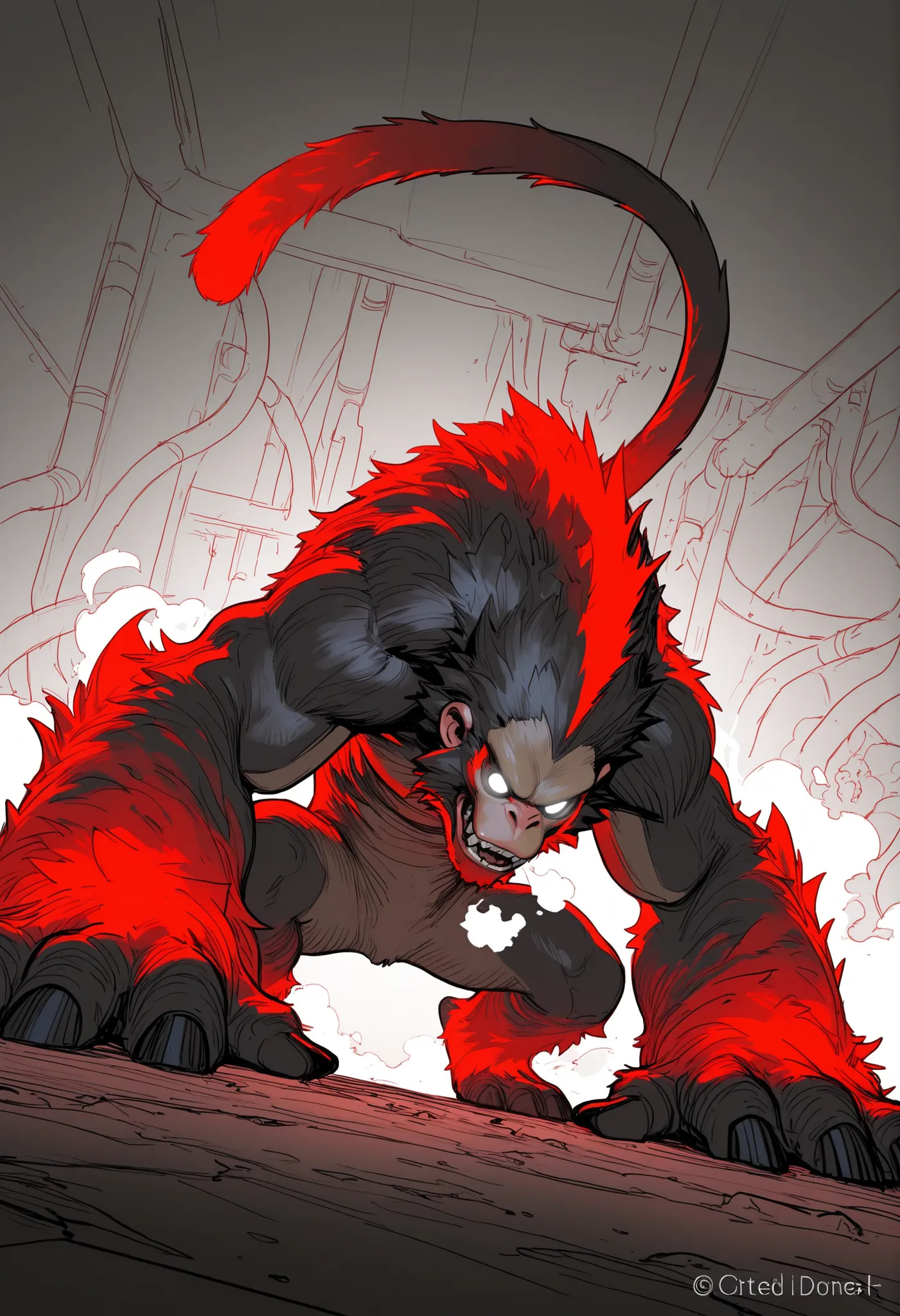 Game monster, sketch, concept art, monkey mandrill, bright color,  Breath steam, black and red furr, white eyes, round eyes , glowing eyes, muscular, on plain white canvas, rough, thin lines, 2d, concepts art, large, wide front arms, and small back legs , ...