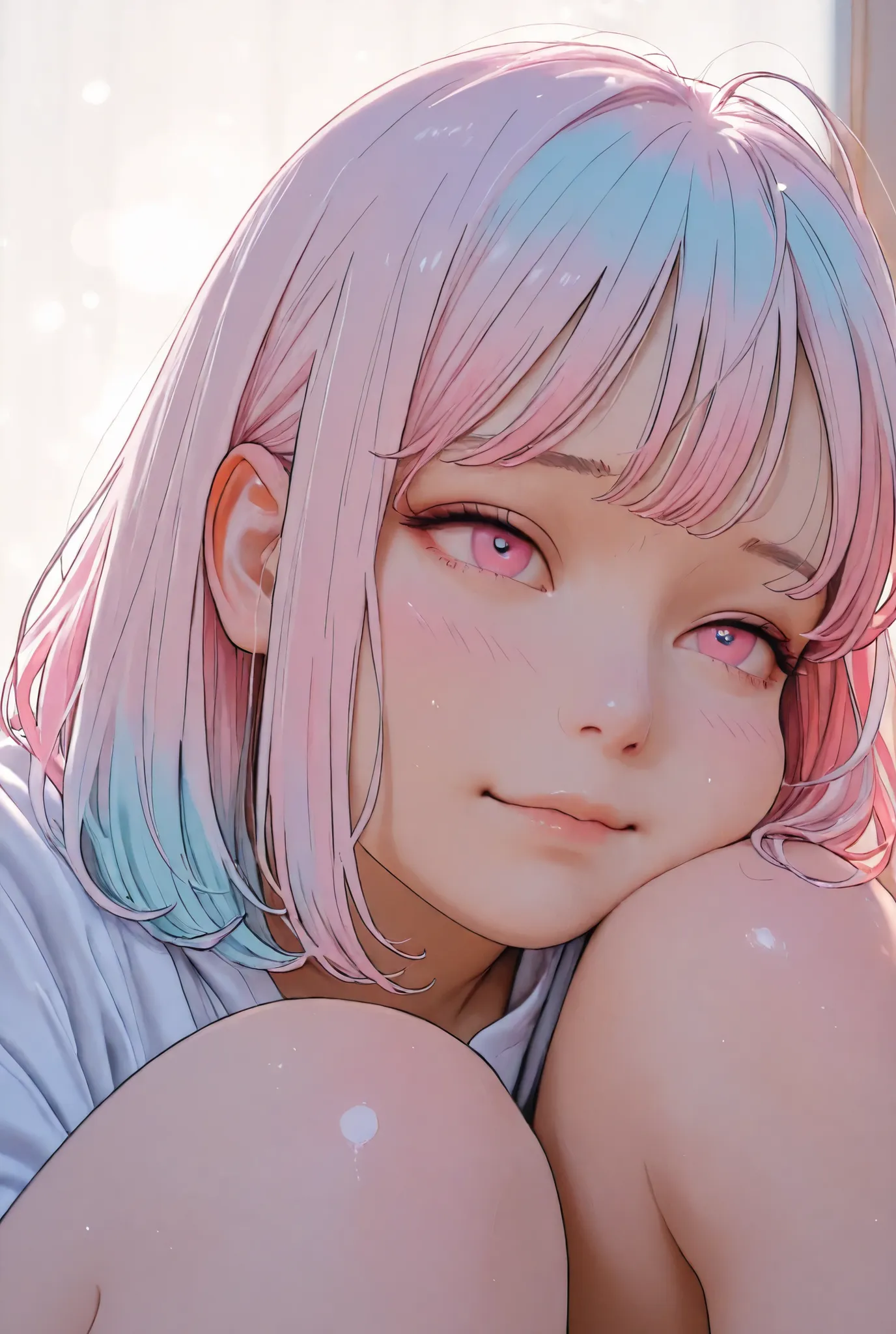 cute woman's expression struggling with love,full body,Light blue and pink eyes,pale black and pink gradation hair,modern and stylish atmosphere,Best quality illustrations that are well received by women,4K,8K,high resolution,masterpiece,ultra-detailed,rea...