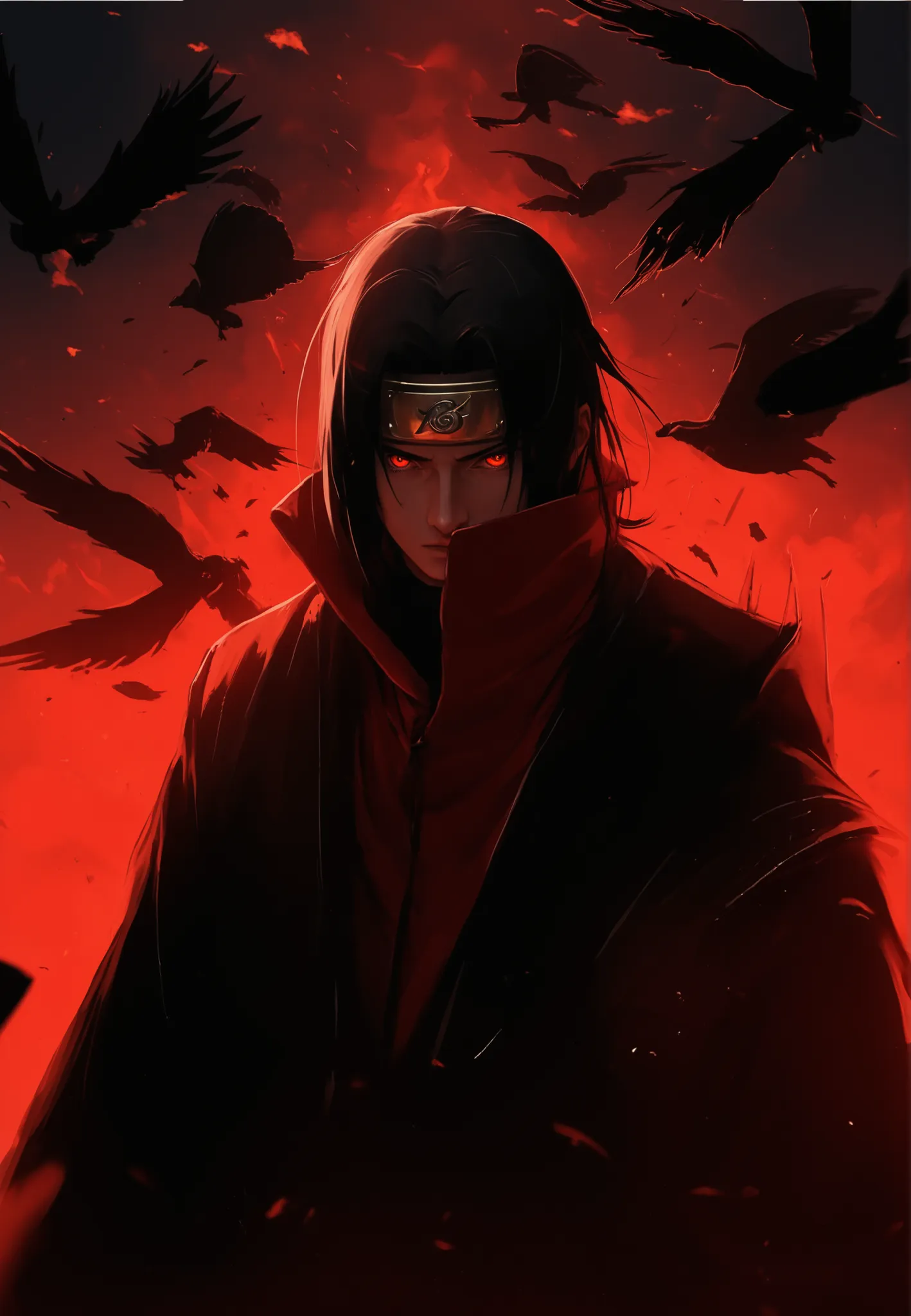 (masterpiece, perfect anatomy, Ultra detailed photo , ultra hyperrealistic person, best quality 8k) character: a young man of , Itachi Uchiha, by Akatsuki, tall body, delgado y fuerte, long black hair, serious and threatening, battle scars on his skin an...