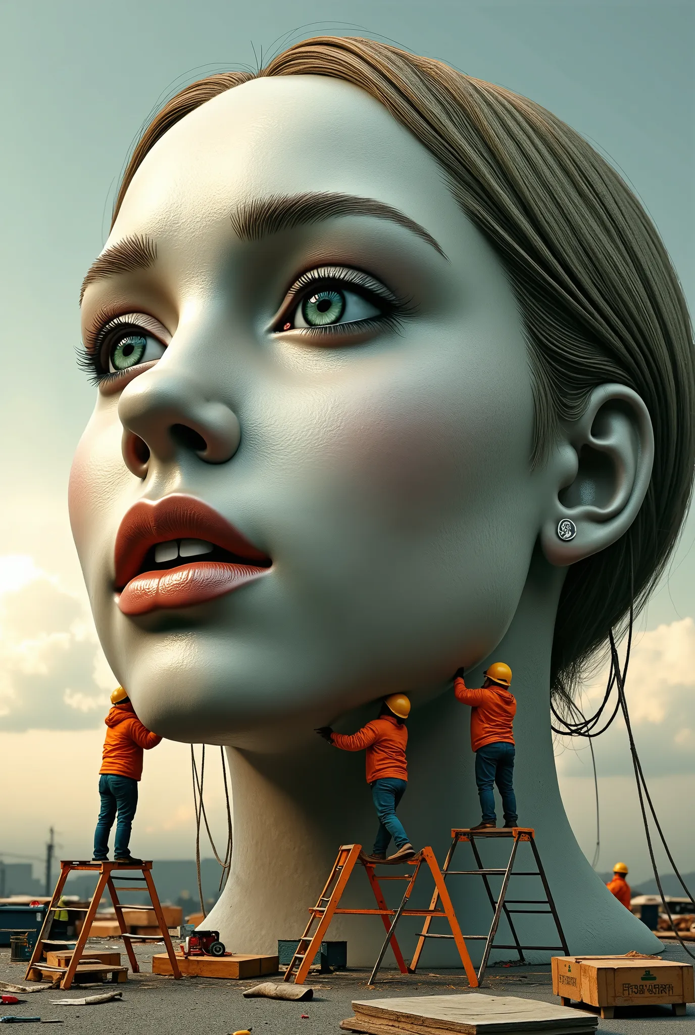 Eine surreale Szene, in which construction workers create a huge , lifelike female face create or maintain . With the help of ladders and scaffolding, they reach skin , eyes and lips and treat it like a massive architectural project . The face looks real ,...