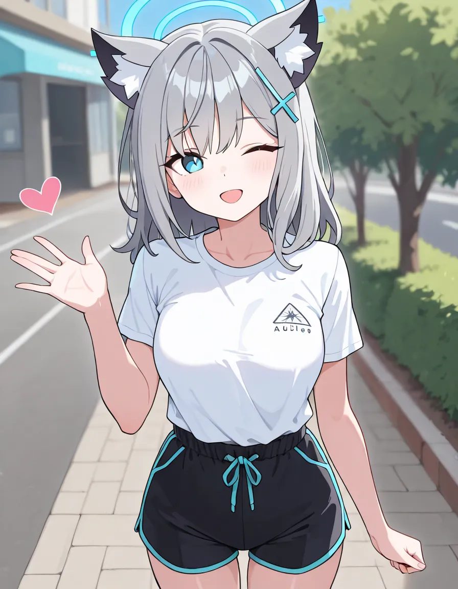 best quality,hyper-detailed,1girl,solo, front view,eyes look at viewer,shiroko,/blue archive/,cute face,wink right,smile open mouth,medium breast,halo,mini plain t-shirt,black shorts,standing,folding hand, outdoor,