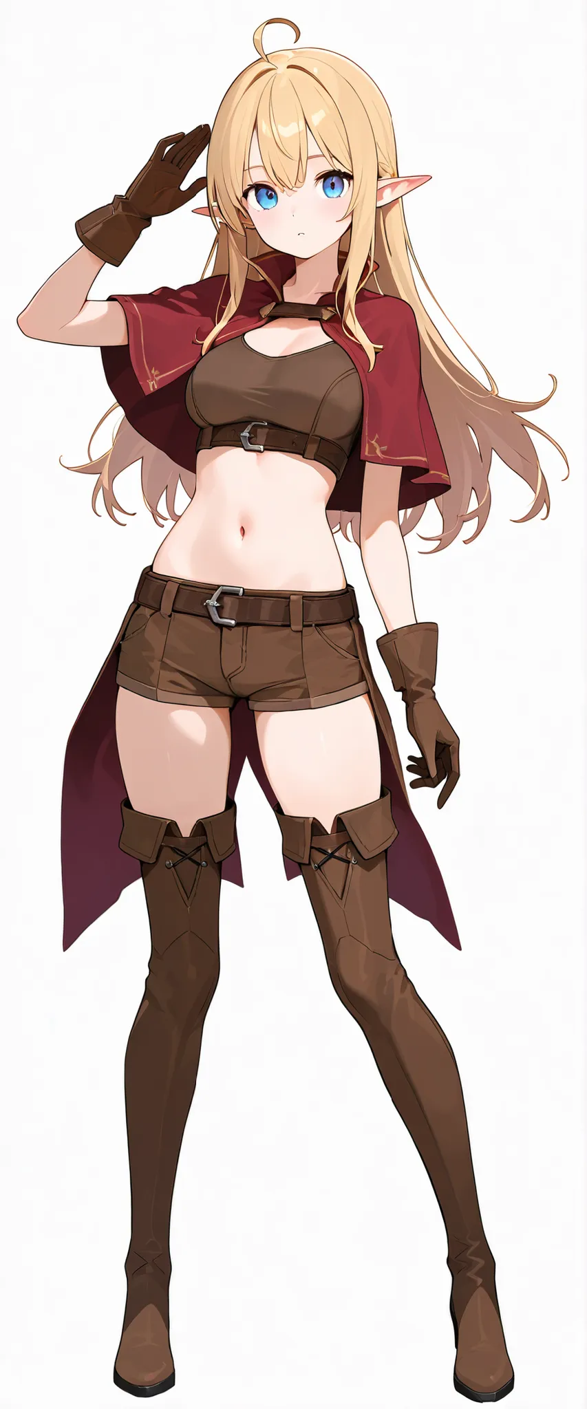 score_5_up, score_6_up, simple background,
 1girl, solo, wearing (shorts, crop top, capelet, thigh boots, brown gloves), pointy ears, long hair, breasts, simple background, white background, ((Knee-deep full body in view)) 