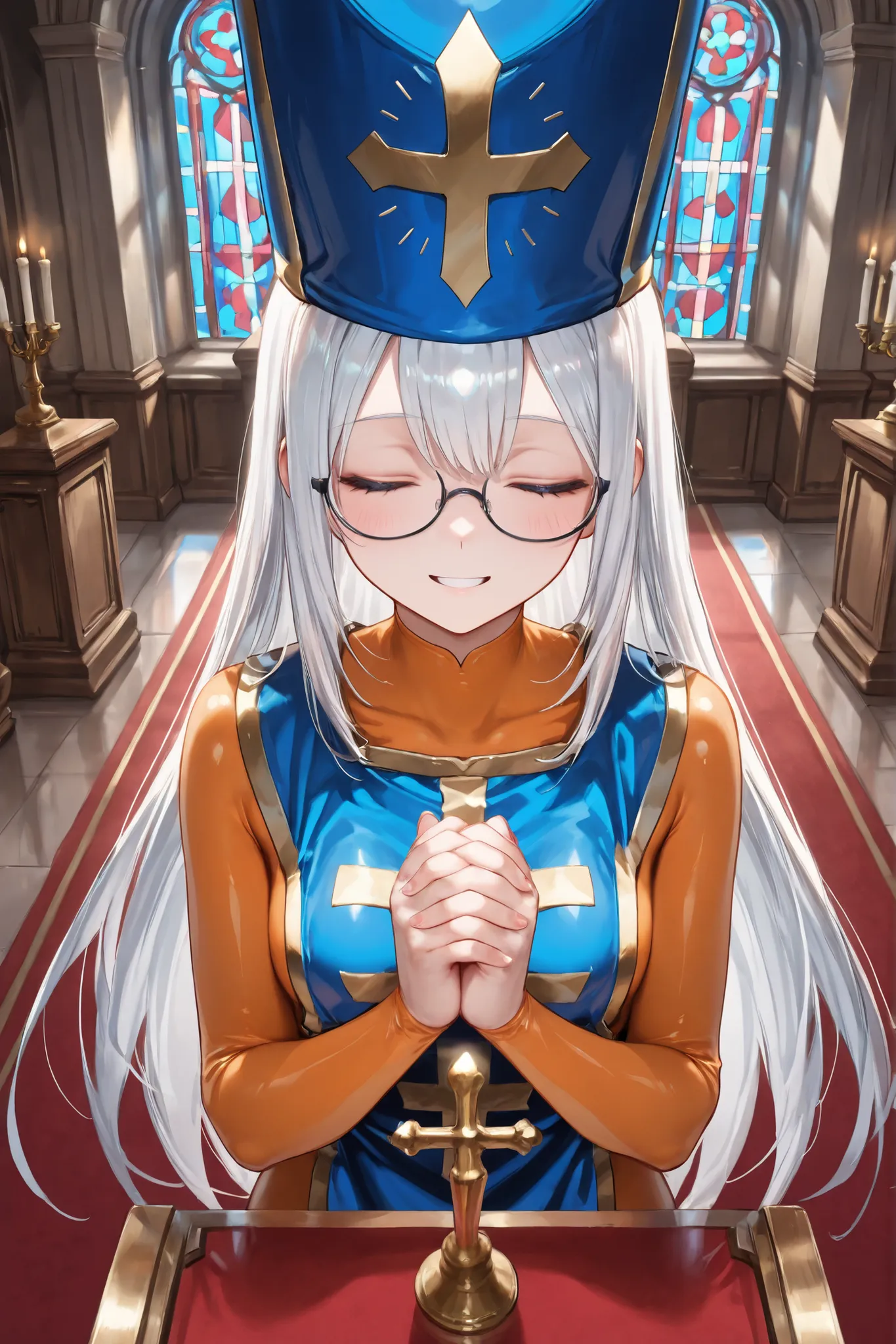 ((Masterpiece)),((best quality)),((incredibly absurdres)),((8K)),(semi realistic),
1 girl,young female,aged up,kawaii,white hair,long hair,straight hair,blue eyes,small breasts,
((black eyewear)),bodysuit,orange bodysuit,blue tabard,mitre,
smile,(closed ey...