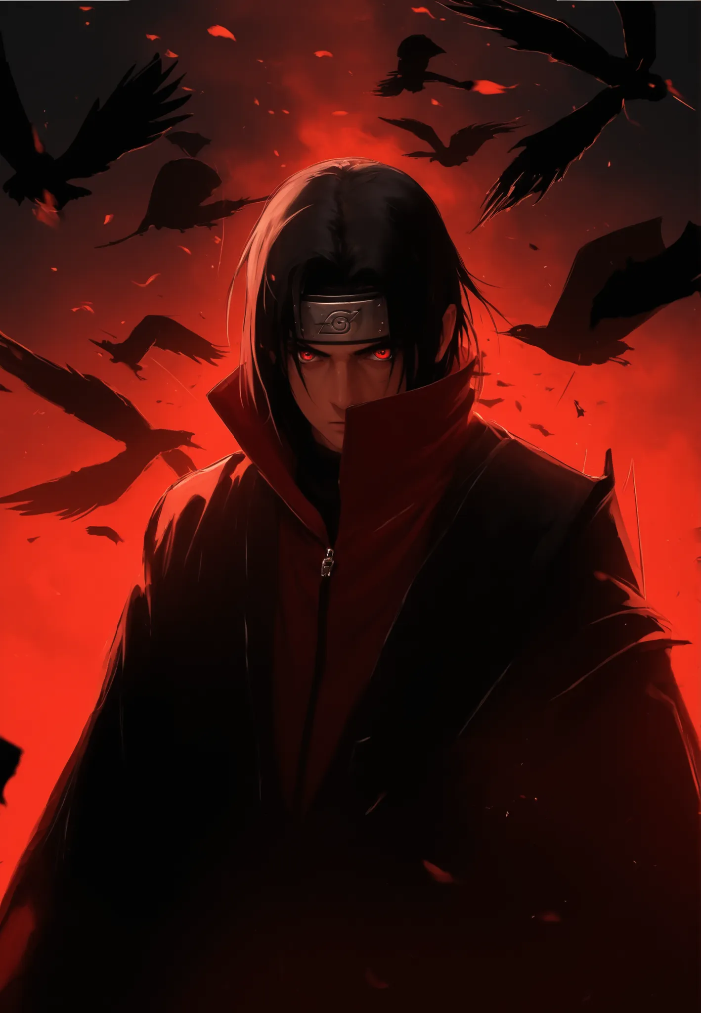 (masterpiece, perfect anatomy, Ultra detailed photo , ultra hyperrealistic person, best quality 8k) character: a young man of , Itachi Uchiha, by Akatsuki, tall body, delgado y fuerte, long black hair, serious and threatening, battle scars on his skin an...