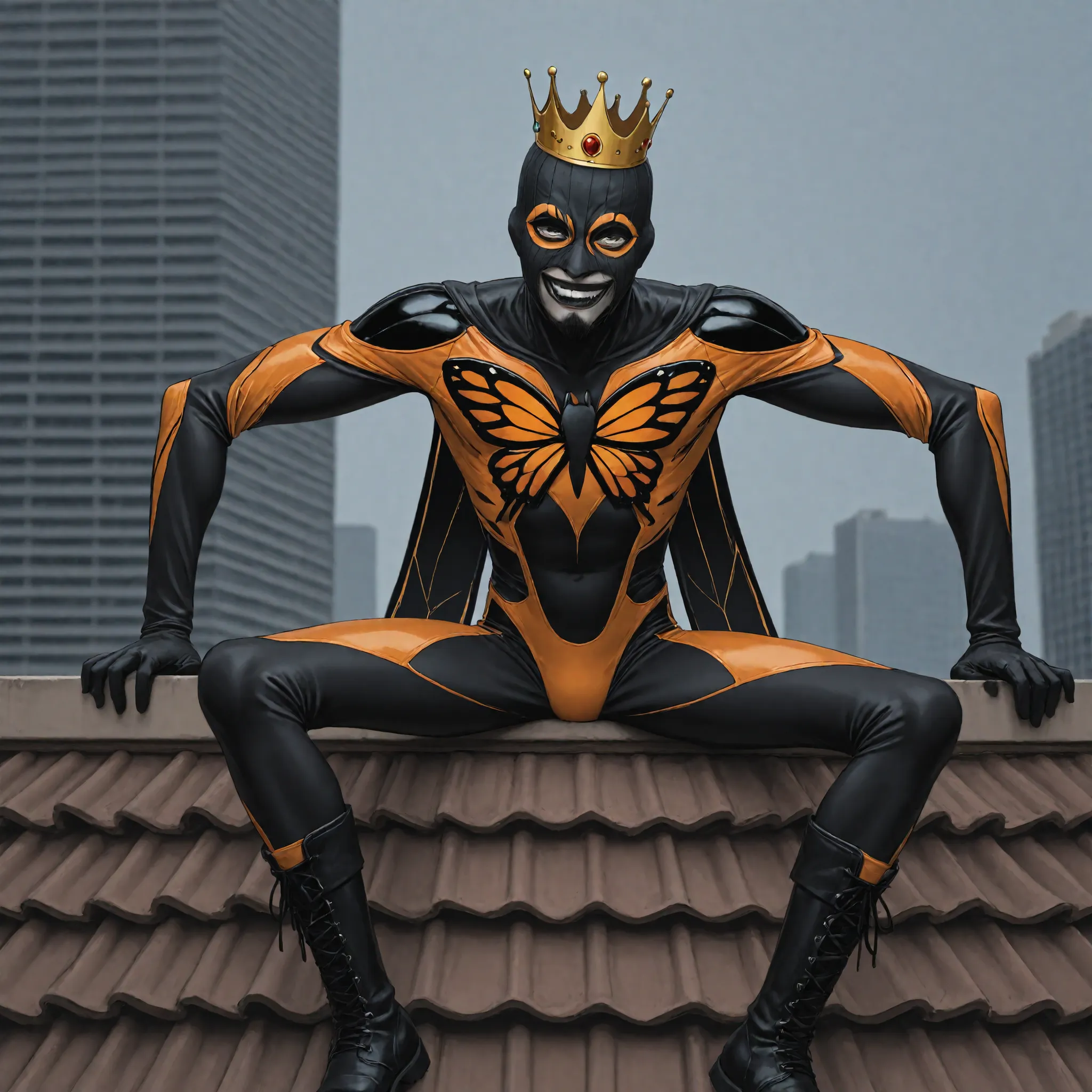 Skinny man with sharp features in orange and black monarch butterfly suit, wearing high boots, with yellow armor, in a fake crown, with a long black goatee, balaclava, thick long eyebrows, proud pose, gloating smile, on the roof of a skyscraper