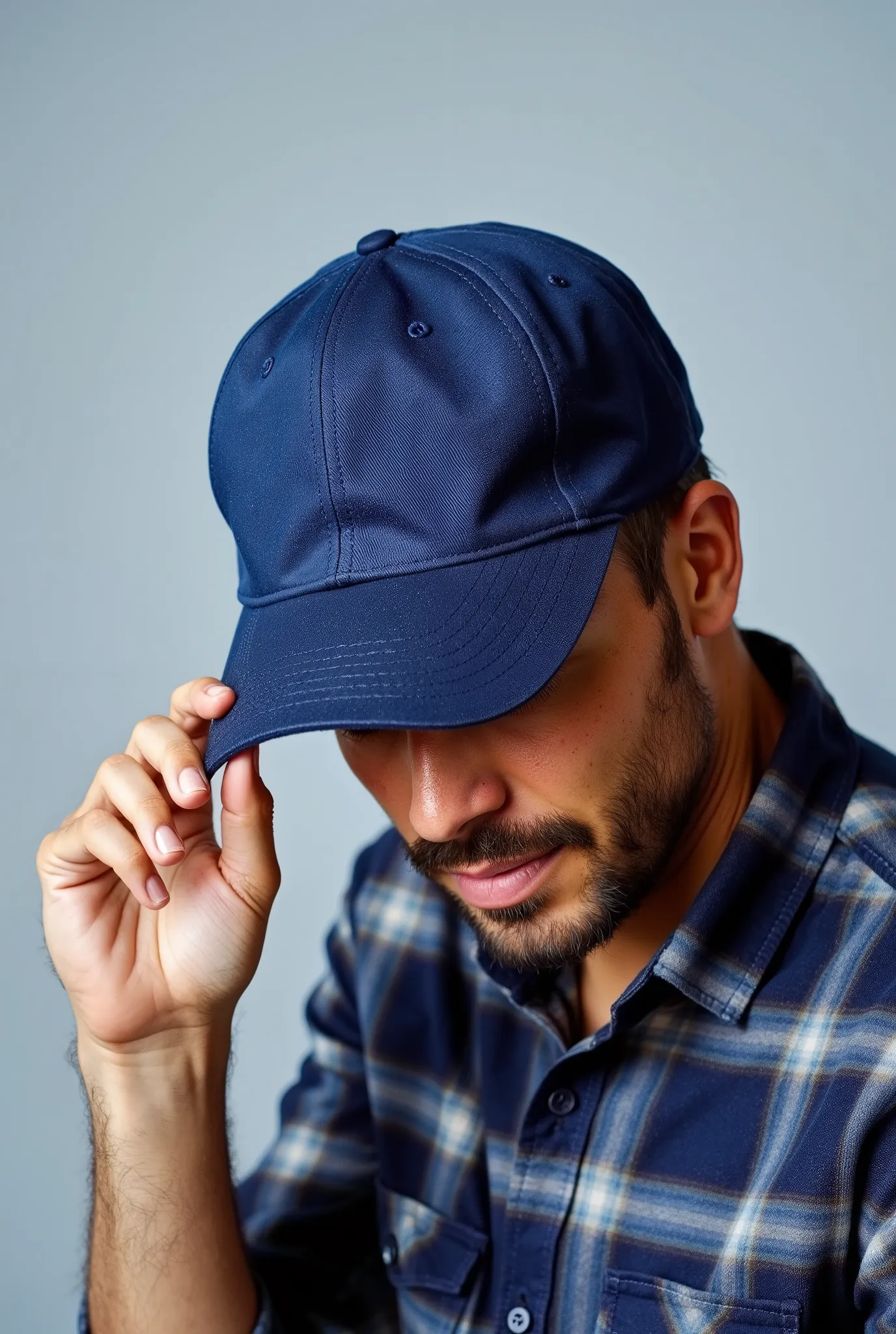 Close-up of a man wearing a simple blue cap and a plaid shirt, tilting the head slightly downward, while holding the cap brim with one hand.  The background is simple and light gray . Your expression is relaxed and subtle, and his face is partially obscure...