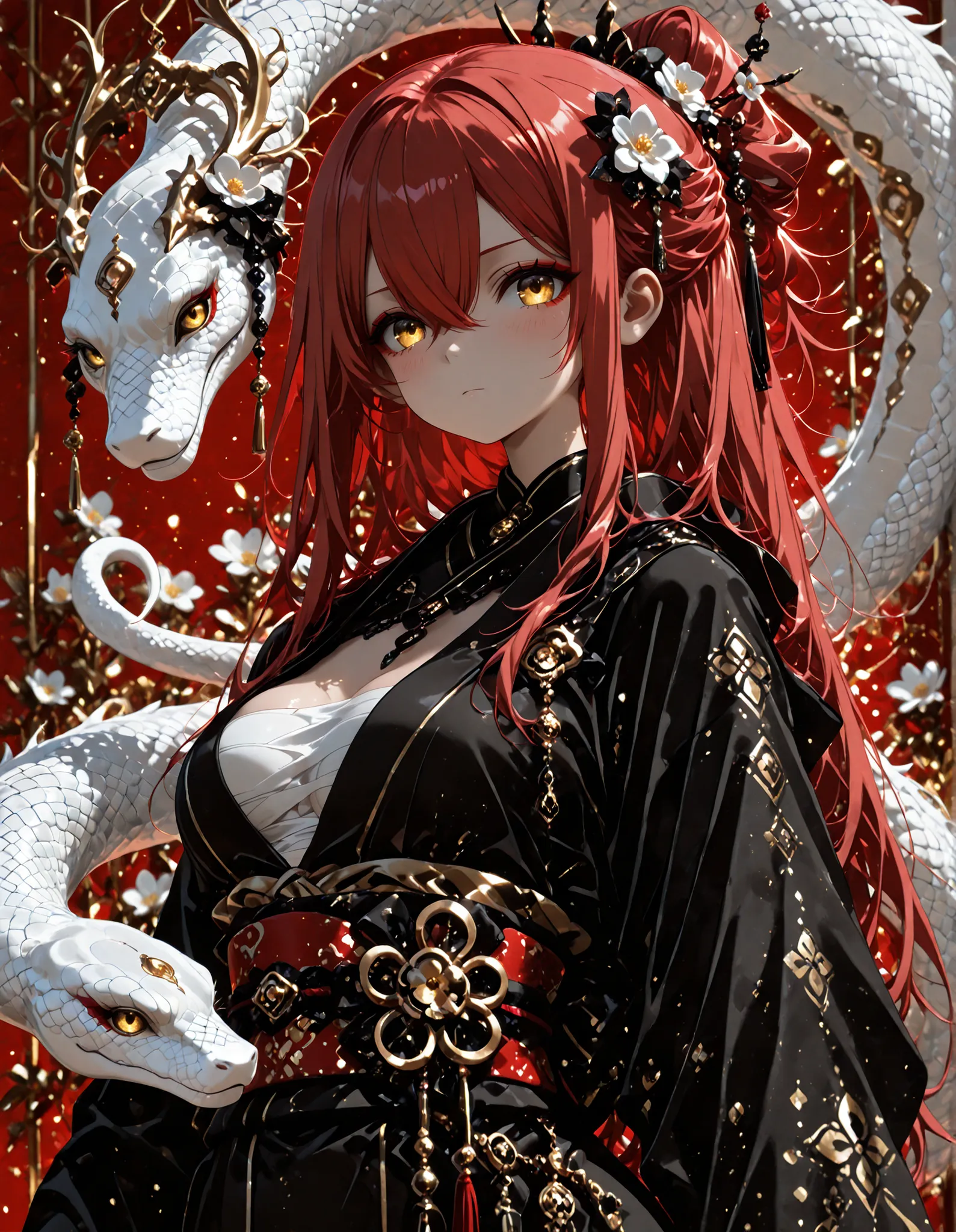 1woman, golden eyes , very long hair , long sidelocks, red hair ,half updo, petite , very cute , beautiful ,Straight hair, cool, handsome, hair between eyes, sexy, medium large breast, kimono, sarashi, japanese clothes, flower, black nails, blush, white s...