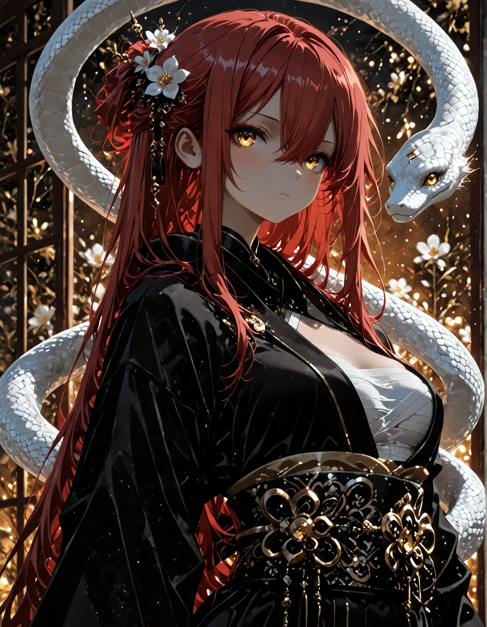 1woman, golden eyes , very long hair , long sidelocks, red hair ,half updo, petite , very cute , beautiful ,Straight hair, cool, handsome, hair between eyes, sexy, medium large breast, kimono, sarashi, japanese clothes, flower, black nails, blush, white s...