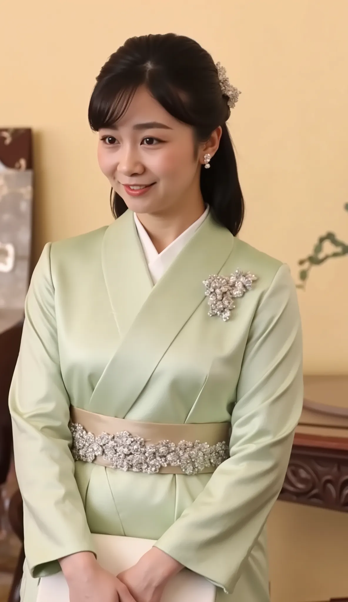 Princess Kako、graceful behavior,elegant expression,delicate face,Graceful Posture,with a dignified appearance,Relaxed atmosphere,precise texture,Classy Clothing,Warm Light,gentle background,4K,high definition,realistic,Professional,delicate color,Elegant P...