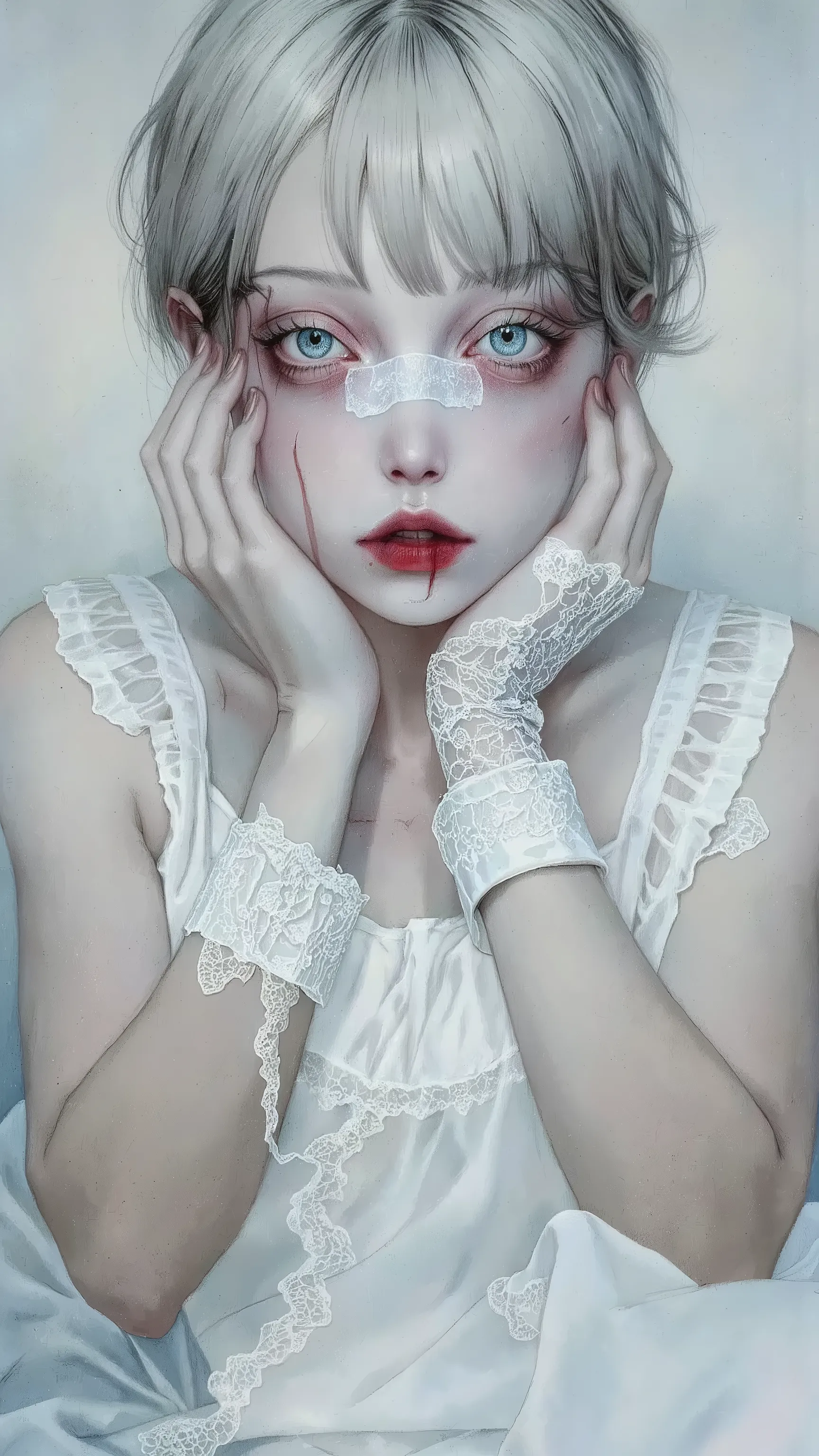 1girl,solo,red eyes,red rips,all white,white hair,wearing white dress,doll-like,melancholic,depression,pale skin,dramatic,vivid color,horror and beautifull,by gustavklimt