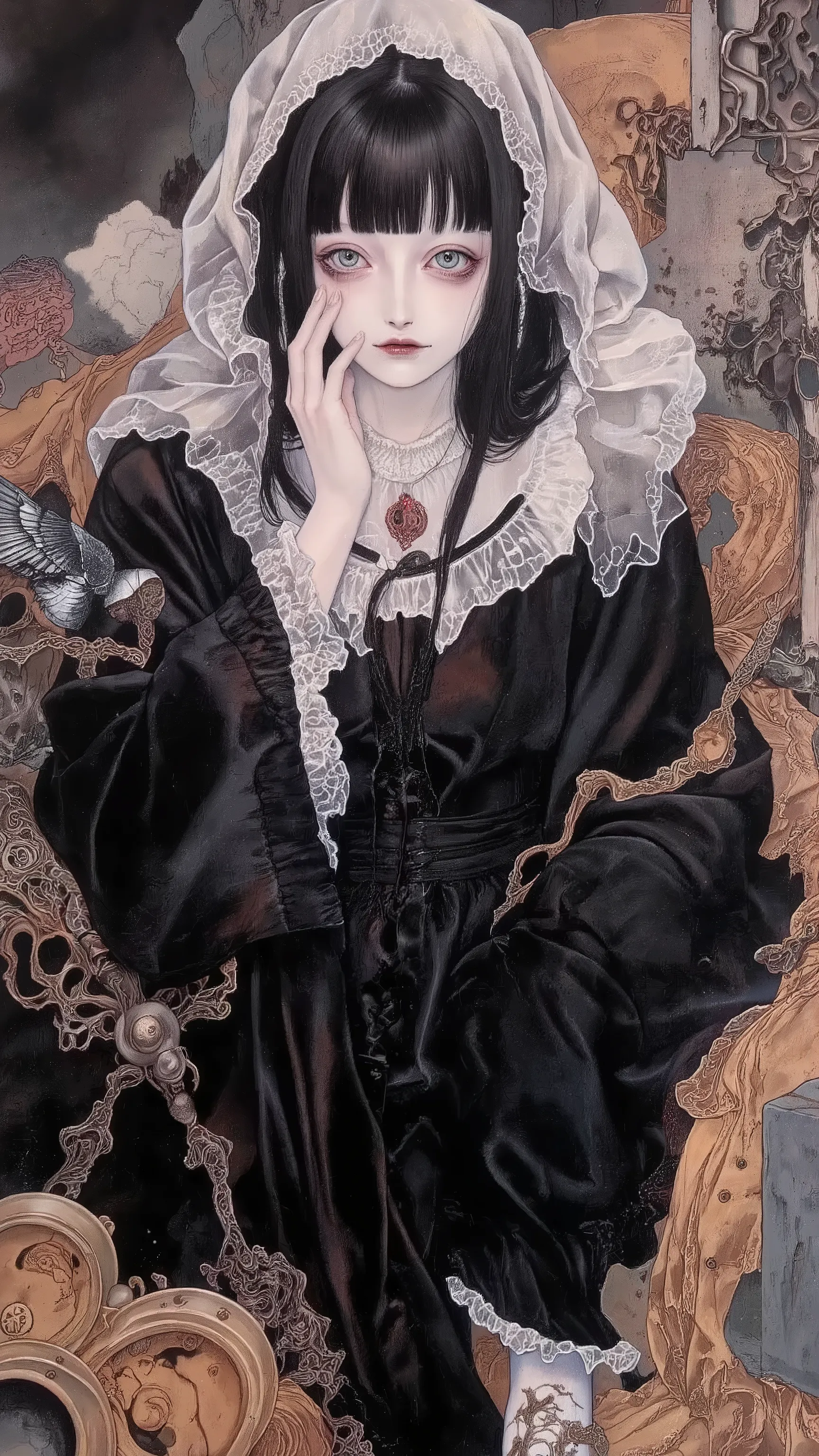 1girl,solo,black hair,wearing black dress,doll-like,melancholic,depression,pale skin,dramatic,vivid color,horror and beautifull,by gustavklimt
