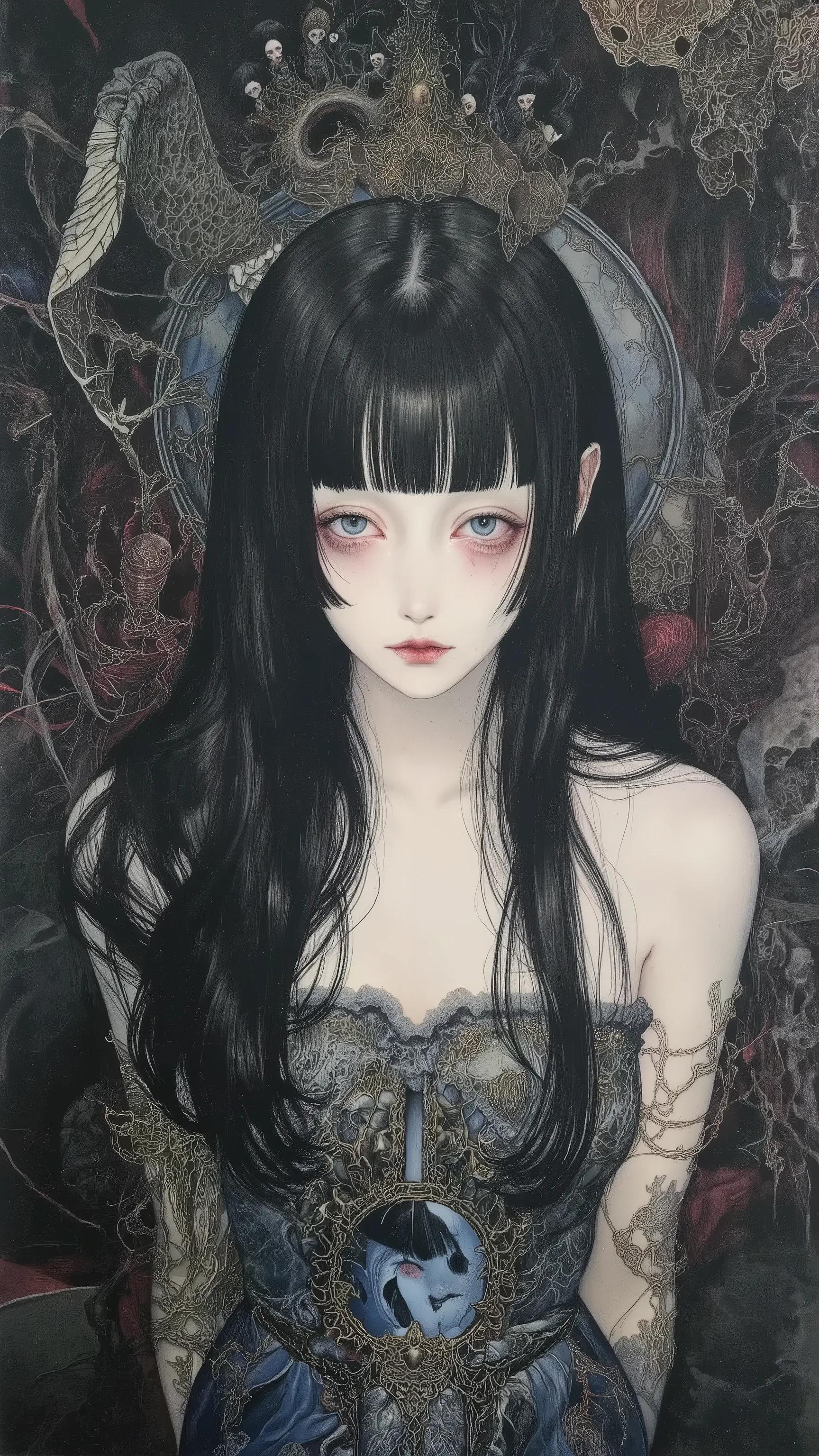 1girl,solo,black hair,wearing black dress,doll-like,melancholic,depression,pale skin,dramatic,vivid color,horror and beautifull,by gustavklimt