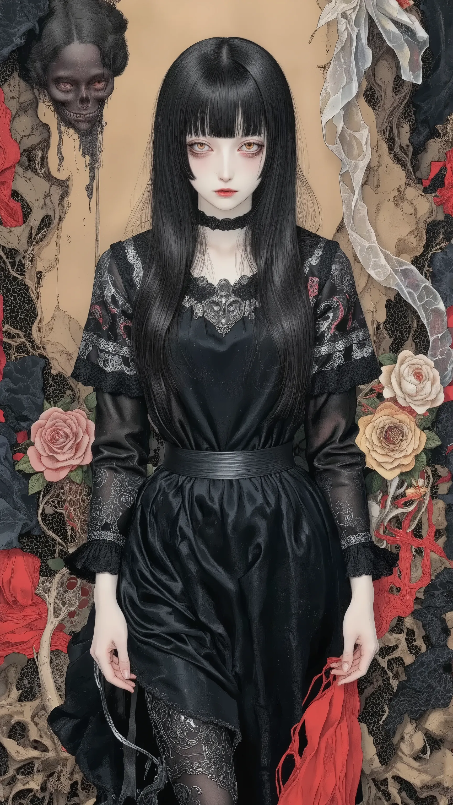 1girl,solo,black hair,wearing black dress,doll-like,melancholic,depression,pale skin,dramatic,vivid color,horror and beautifull,by gustavklimt