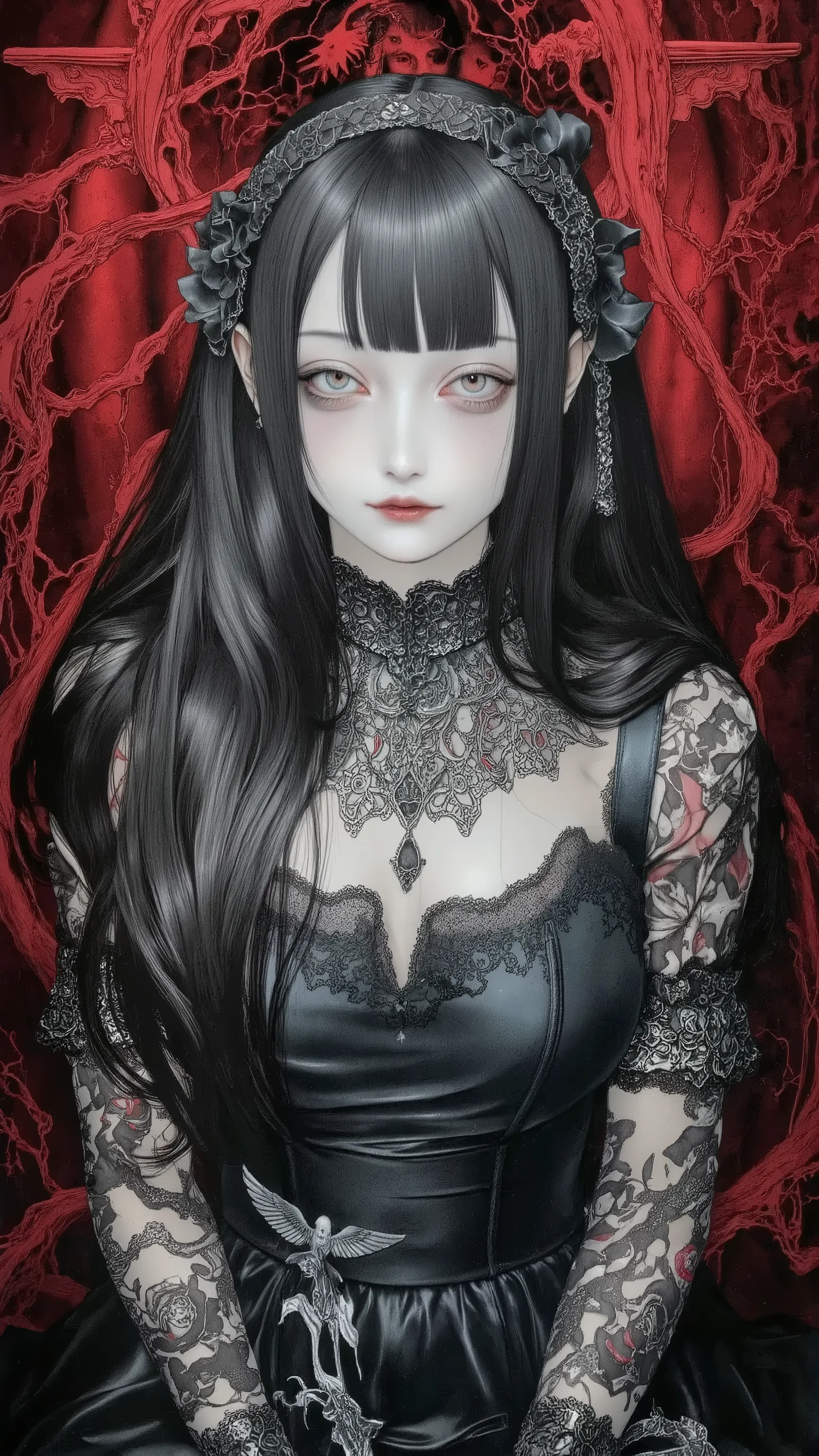 1girl,solo,black hair,wearing black dress,doll-like,melancholic,depression,pale skin,dramatic,vivid color,horror and beautifull,by gustavklimt