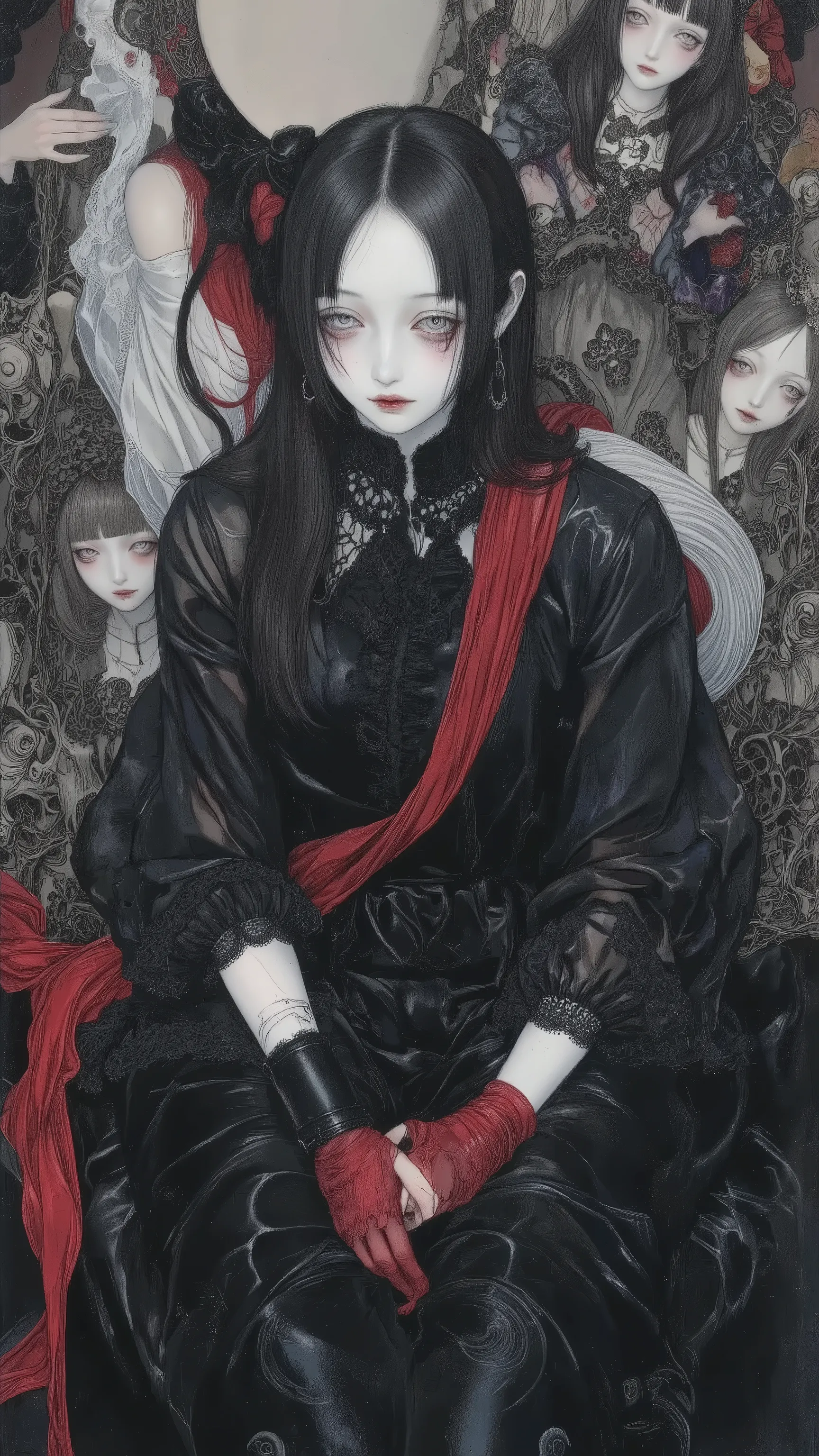 1girl,solo,black hair,wearing black dress,doll-like,melancholic,depression,pale skin,dramatic,vivid color,horror and beautifull,by gustavklimt