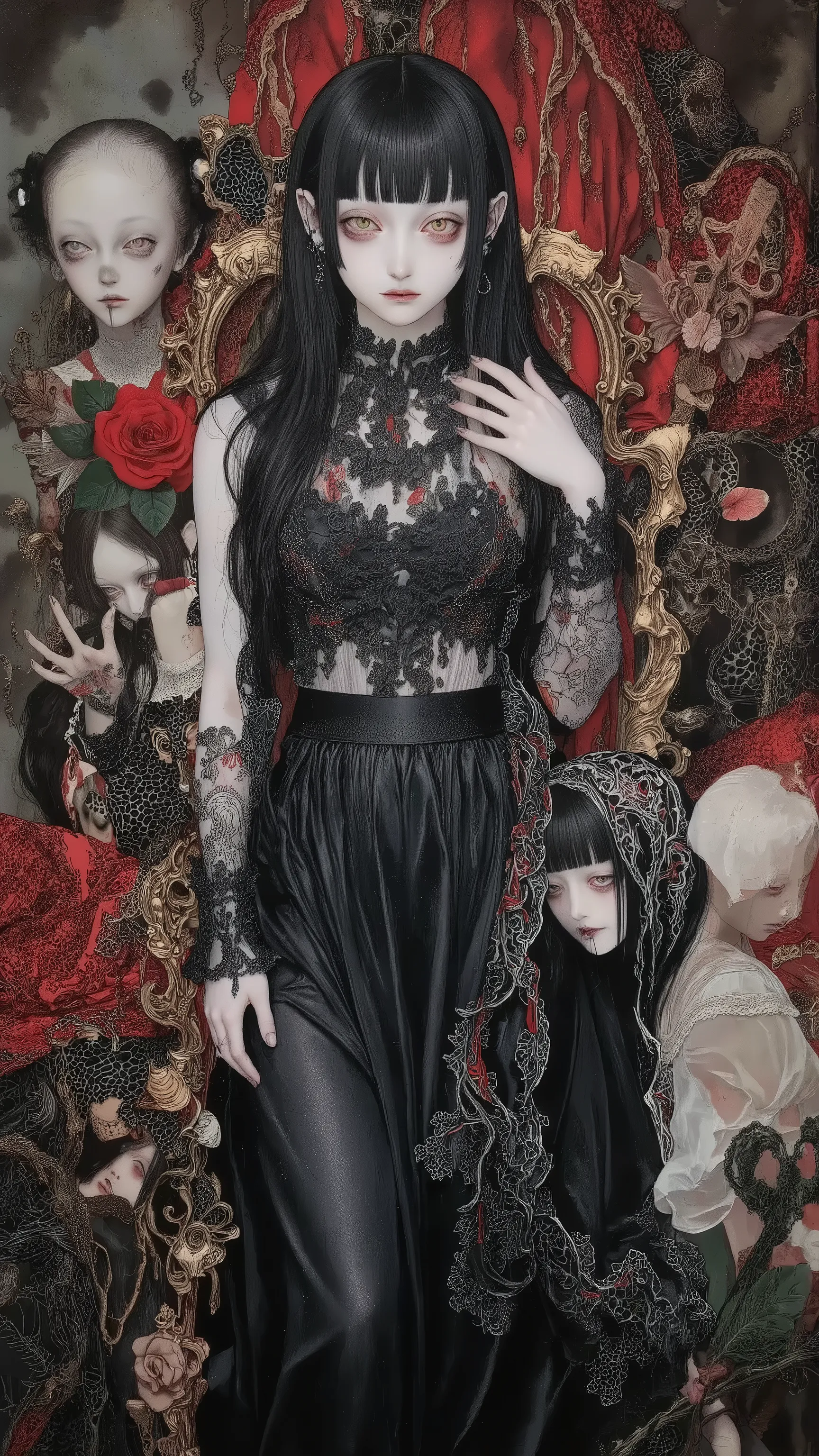 1girl,solo,black hair,wearing black dress,doll-like,melancholic,depression,pale skin,dramatic,vivid color,horror and beautifull,by gustavklimt