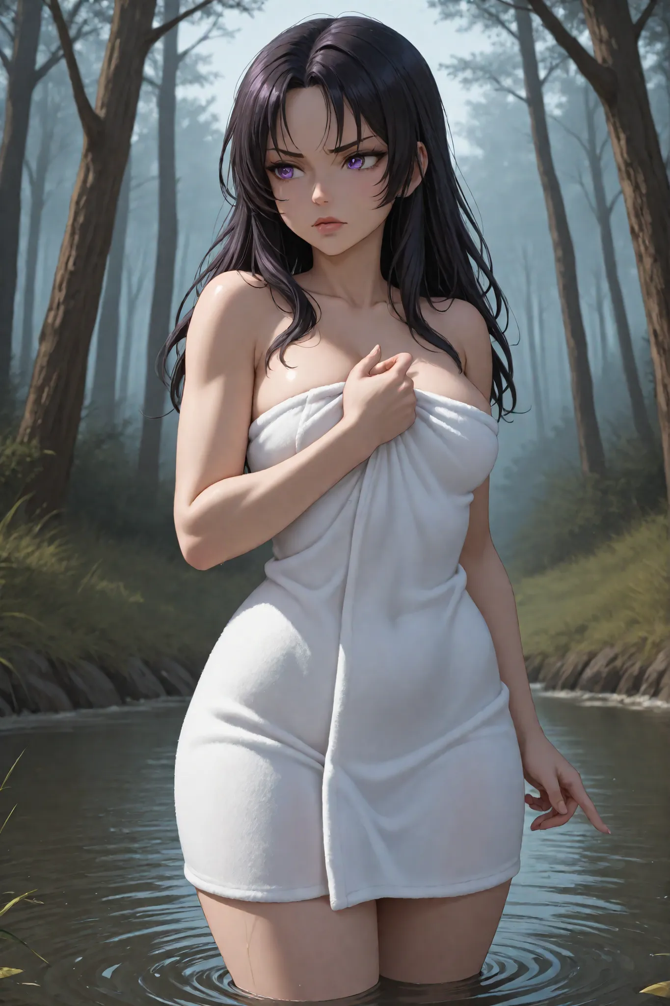 Futanari witch girl with long dark hair, with her purple eyes and a stern look, aggressive facial expression, lips pursed, is wrapped in a towel and holds a towel with her hand, points a finger, the riverbank in the forest, knee-deep in water