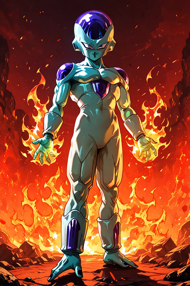 Frieza（Dragon Ball）Flickering Flame、 Standing in the Flames 、A wicked smile、Provocative attitude、full body、composition from an oblique bottom