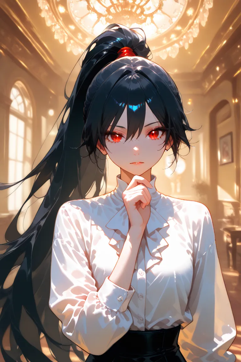 4k, absurdres, intense colors, masterpiece, best quality, amazing quality, depth of field, (dynamic lighting), upper body only,androgynous, 1boy, very tall boy,lean body, very long black hair,ponytail,spiky black hair, red eyes, victorian white shirt, victorian room background
