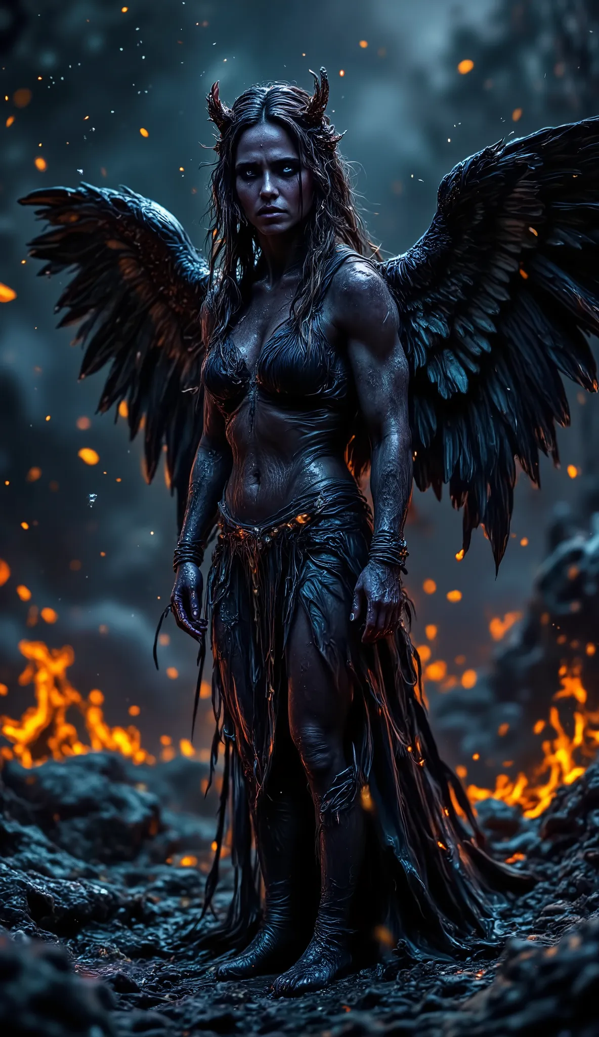 Really epic realistic and very low coloured and low contrast photography, 35 years old muscle scantily clad sexy angry and furious innocent woman as a angel of darkness with big dark angel wings looking into the hell from the left side. Angel warmth of exh...