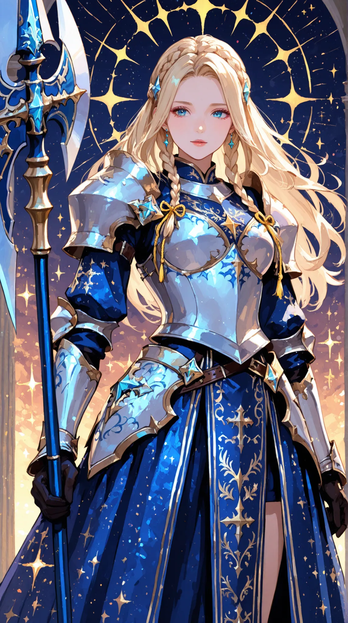 Heroic Fantasy Art, Female Knight, Braided Ribbons, Sparkling Night Armor, Brilliant Embroidery, Exquisitely Carved Halberd,