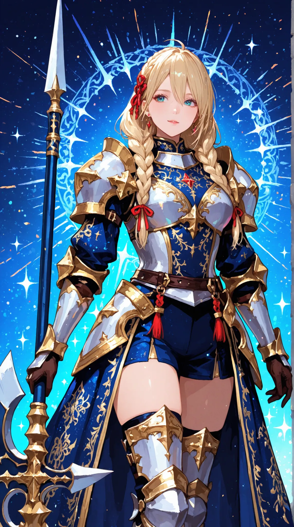 Heroic Fantasy Art, Female Knight, Braided Ribbons, Sparkling Night Armor, Brilliant Embroidery, Exquisitely Carved Halberd,