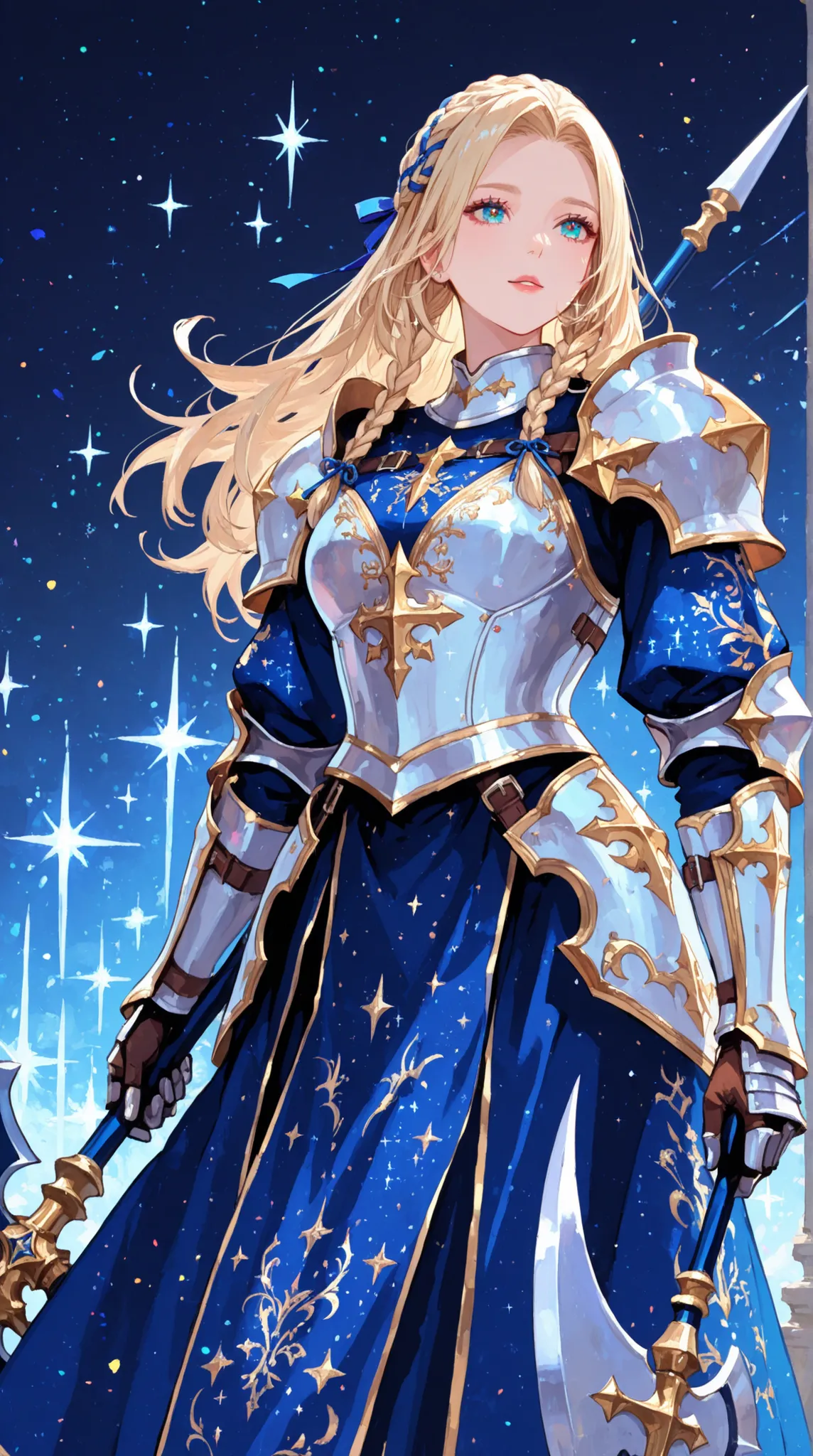 Heroic Fantasy Art, Female Knight, Braided Ribbons, Sparkling Night Armor, Brilliant Embroidery, Exquisitely Carved Halberd,