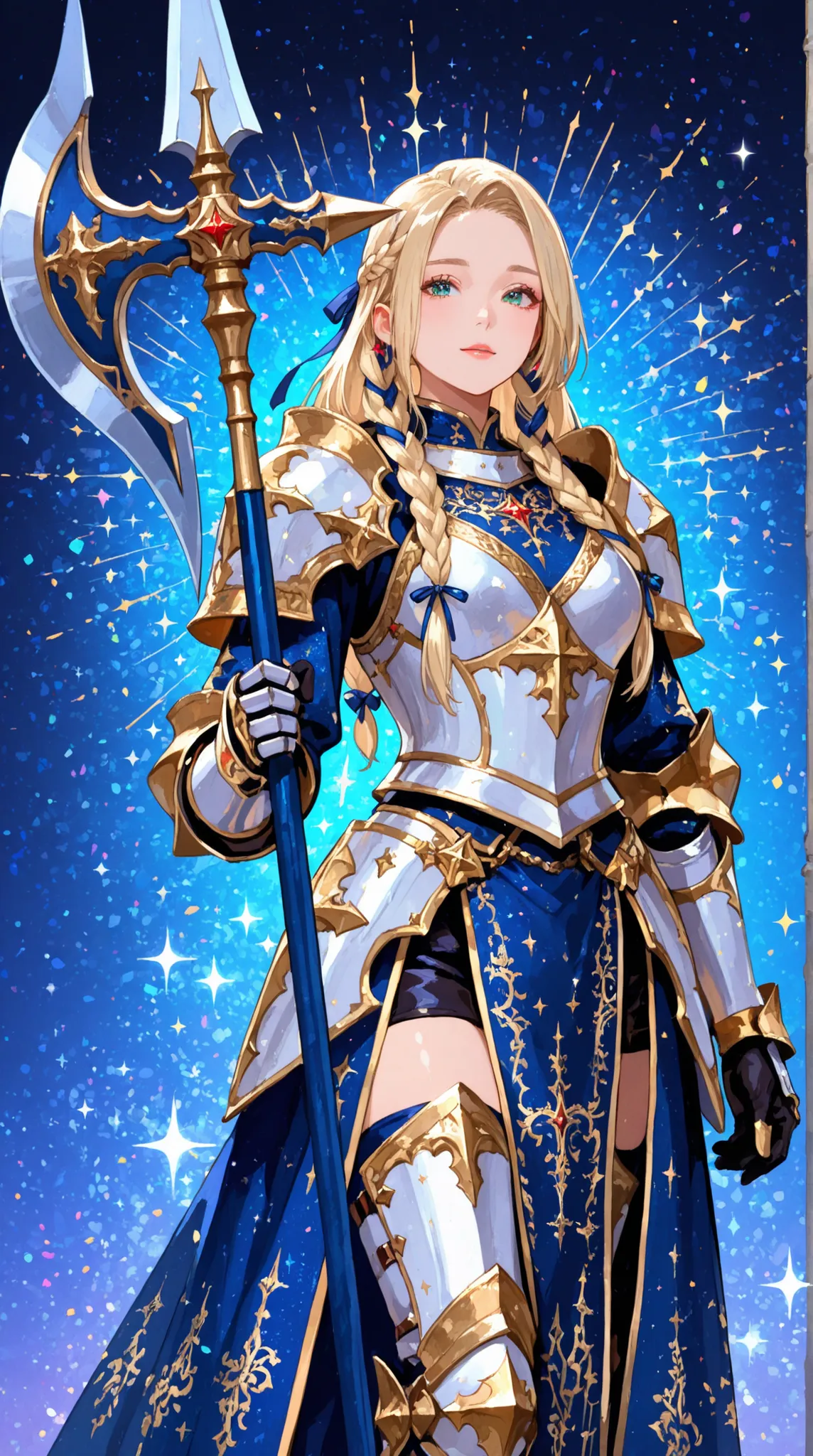 Heroic Fantasy Art, Female Knight, Braided Ribbons, Sparkling Night Armor, Brilliant Embroidery, Exquisitely Carved Halberd,
