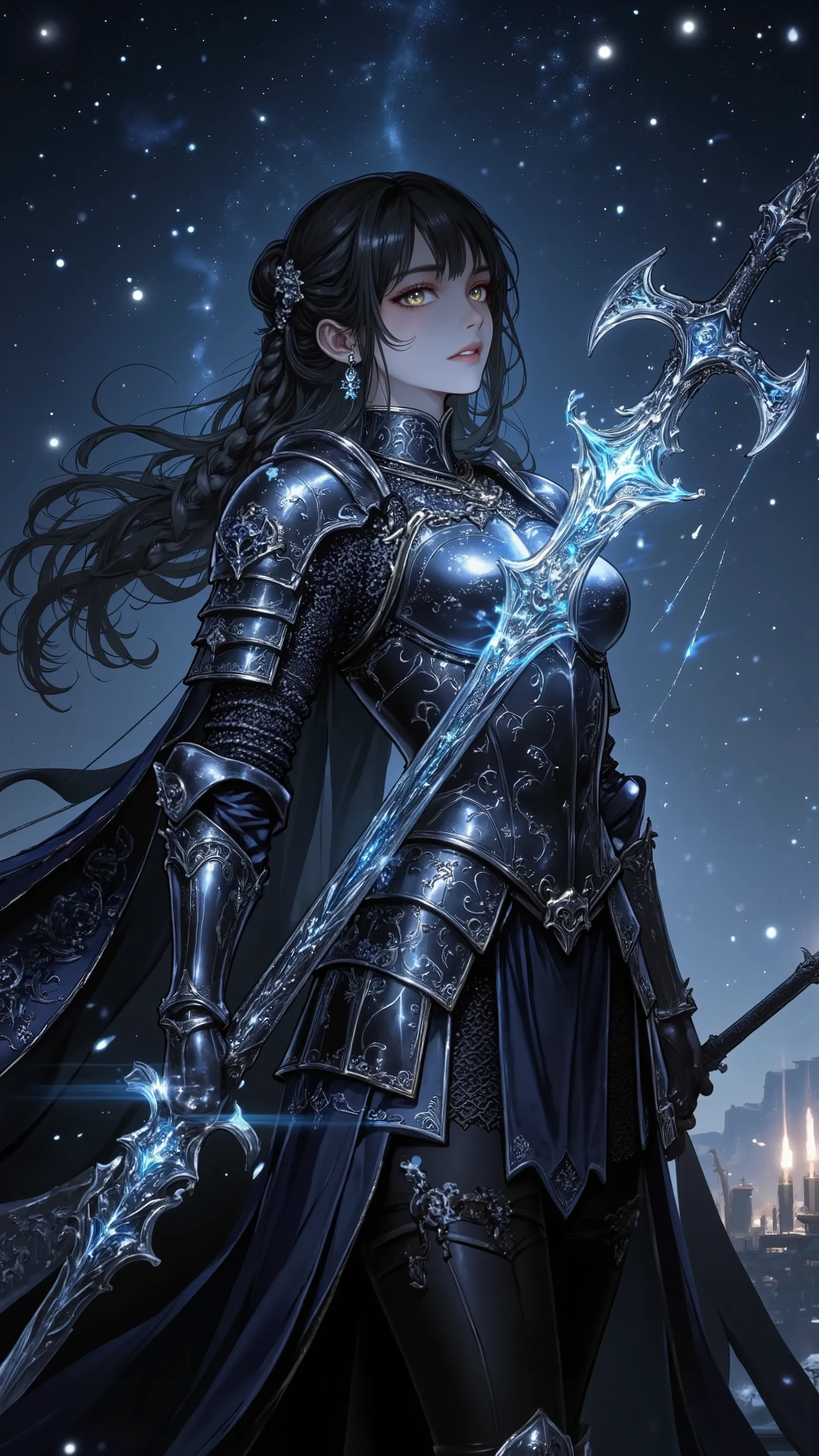 Heroic Fantasy Art, Female Knight, Braided Ribbons, Sparkling Night Armor, Brilliant Embroidery, Exquisitely Carved Halberd,