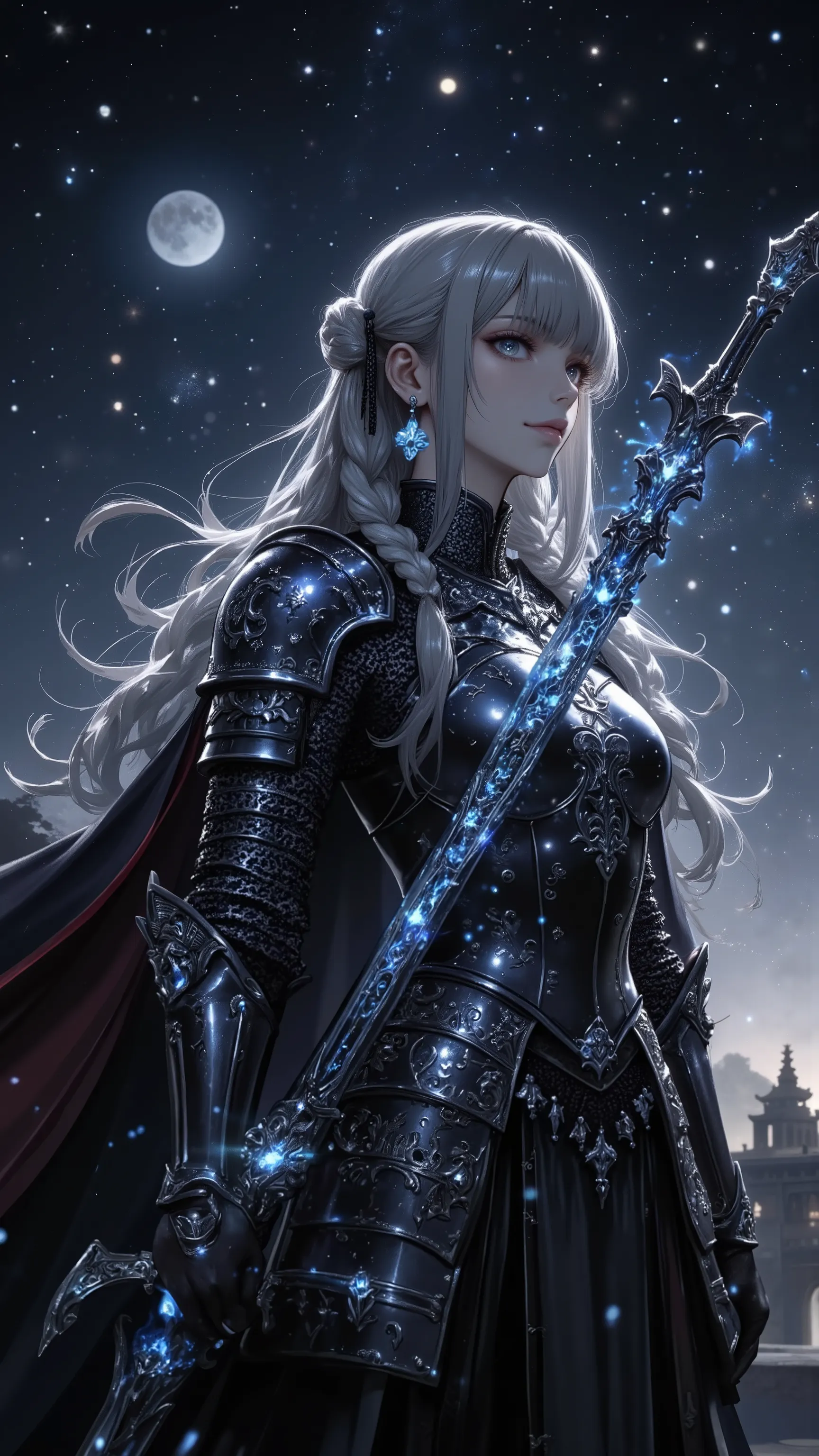 Heroic Fantasy Art, Female Knight, Braided Ribbons, Sparkling Night Armor, Brilliant Embroidery, Exquisitely Carved Halberd,