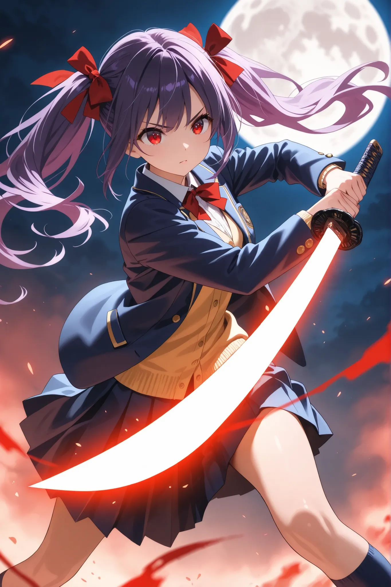 ultra-detailed,8K,illustration,CG,1 cute girl, purple hair,red eyes , twin tails,red ribbon,
,school uniform, jacket/blazer, samurai costume, glowing weapon,fighting stance,Japanese sword,full moon
