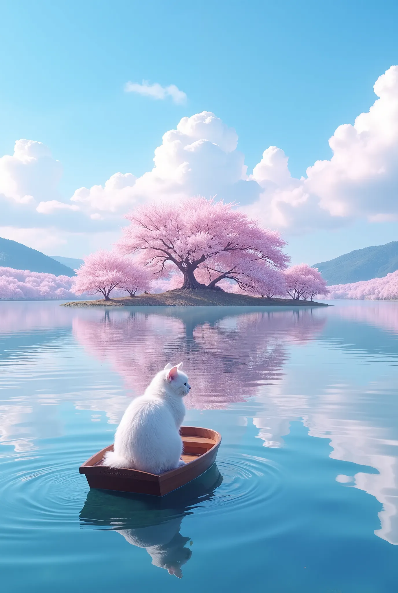 A breathtaking spring scene featuring a vast, tranquil lake with crystal-clear water. In the distance, an island is covered with countless snow covered cherry blossom trees in full bloom, their soft pink petals creating a stunning contrast against the vibr...