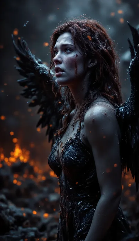 Really epic realistic and very low coloured and low contrast photography, 25 years old muscle scantily clad sexy angry and furious innocent woman as a angel of darkness with big dark angel wings looking into the hell from the left side. Angel warmth of exh...