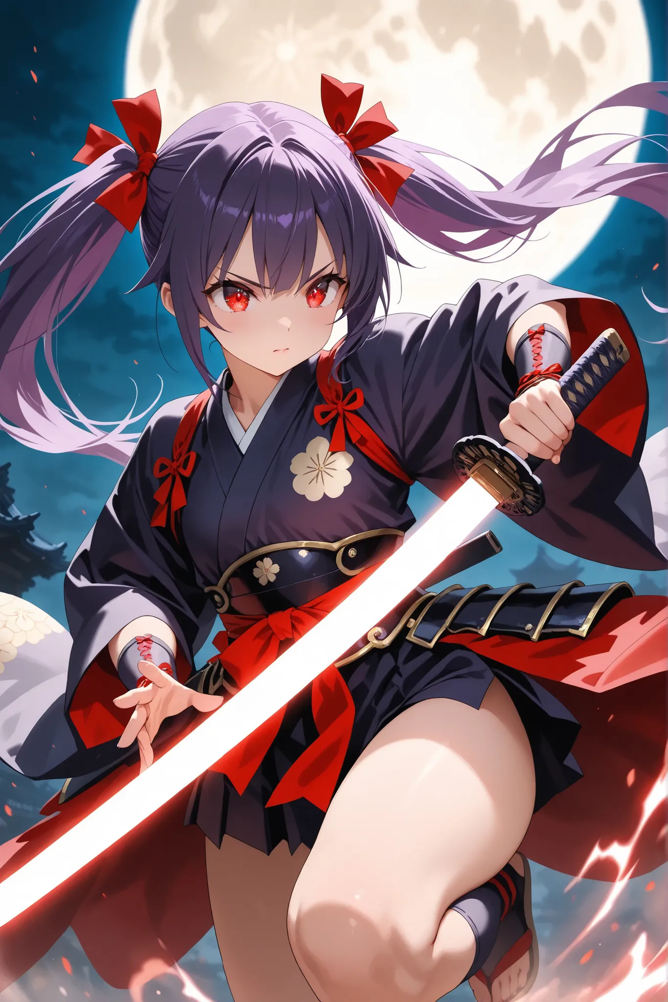 ultra-detailed,8K,illustration,CG,1 cute girl, purple hair,red eyes , twin tails,red ribbon,
samurai costume, glowing weapon,fighting stance,Japanese sword,full moon,thighs
