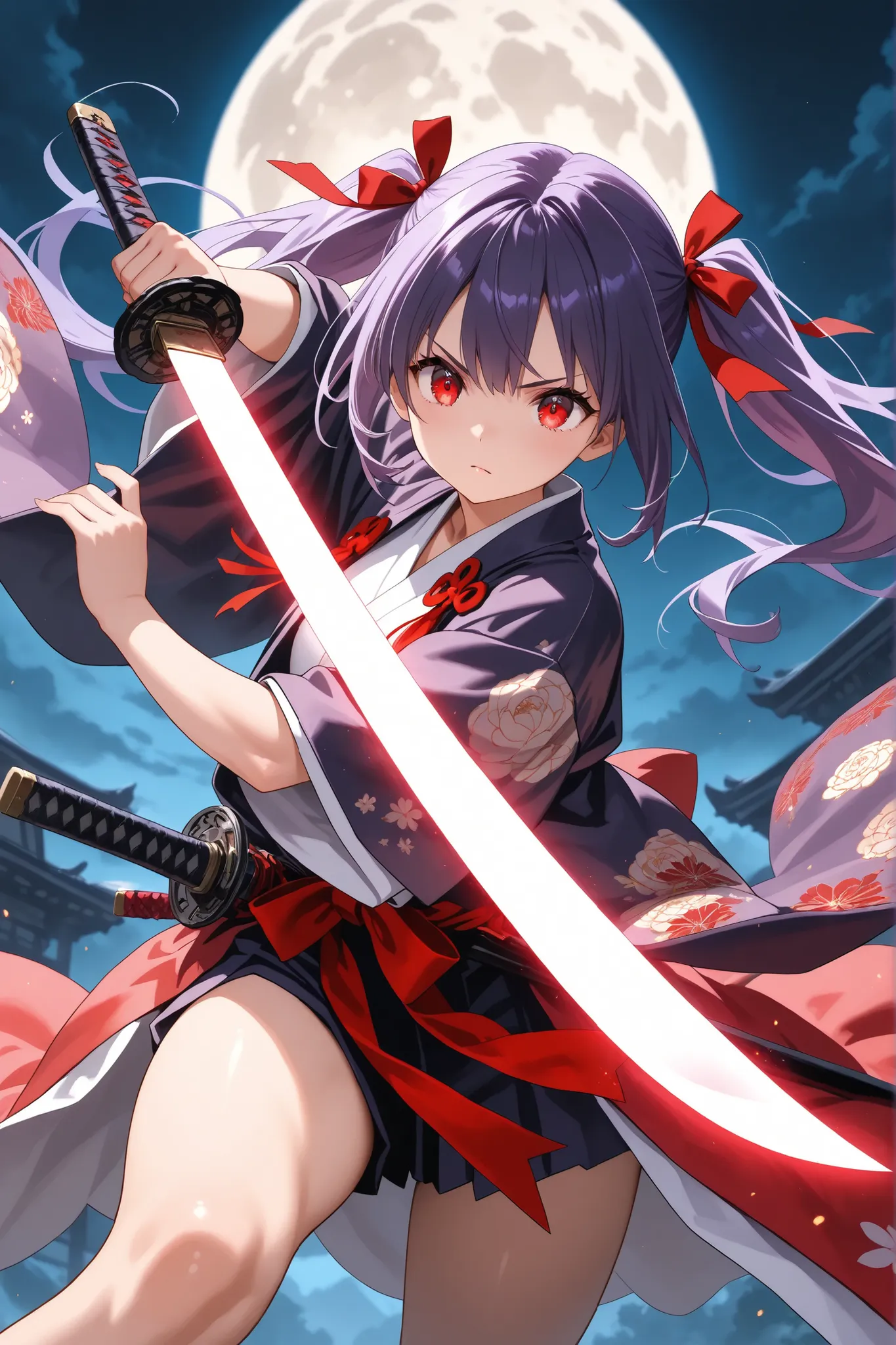 ultra-detailed,8K,illustration,CG,1 cute girl, purple hair,red eyes , twin tails,red ribbon,
samurai costume, glowing weapon,fighting stance,Japanese sword,full moon,thighs