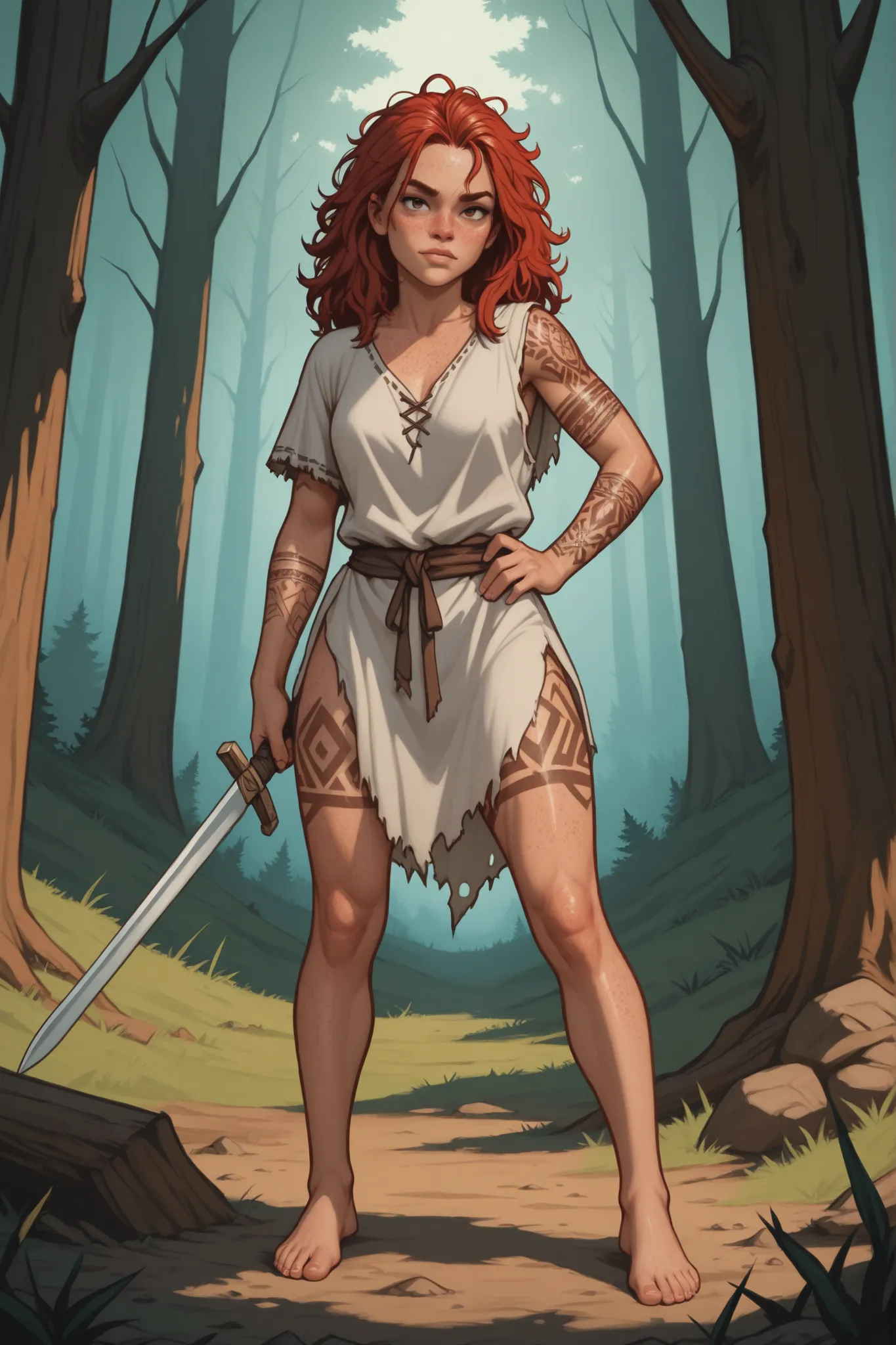 Full-length Celt warrior girl of athletic build with blue tribal Celtic tattoos covering her entire body, red disheveled hair, freckles, in a loose torn linen tunic in the antique style, sword , the bulge of the penis, in the middle of the forest, aggress...