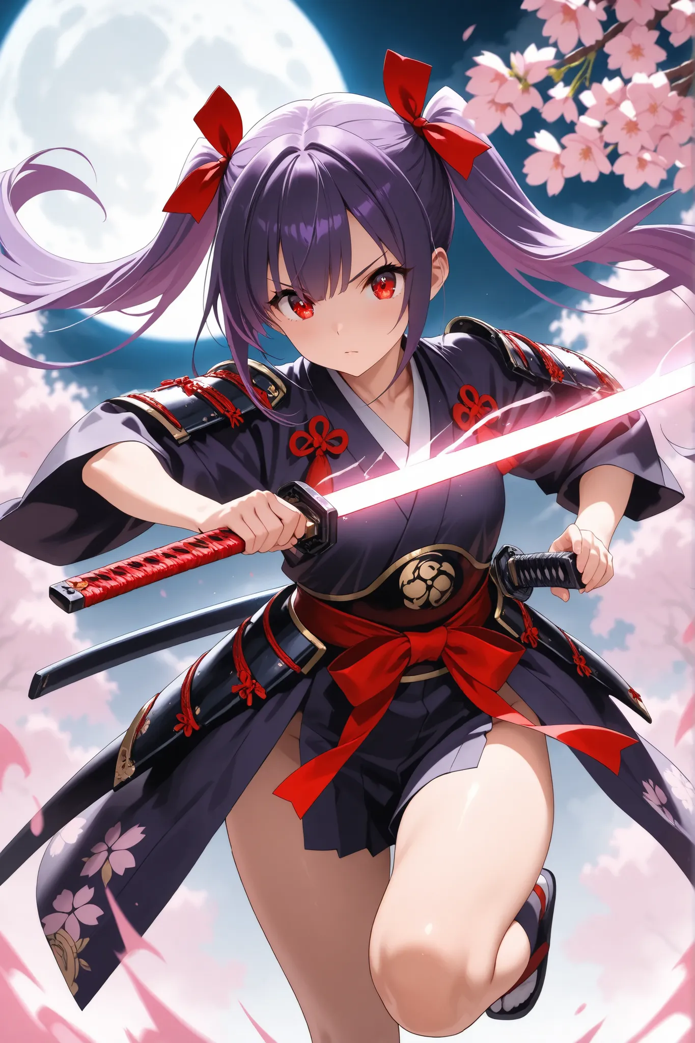 ultra-detailed,8K,illustration,CG,1 cute girl, purple hair,red eyes , twin tails,red ribbon,
samurai costume, glowing weapon,fighting stance,Japanese sword,full moon,thighs,cherry blossom blizzard