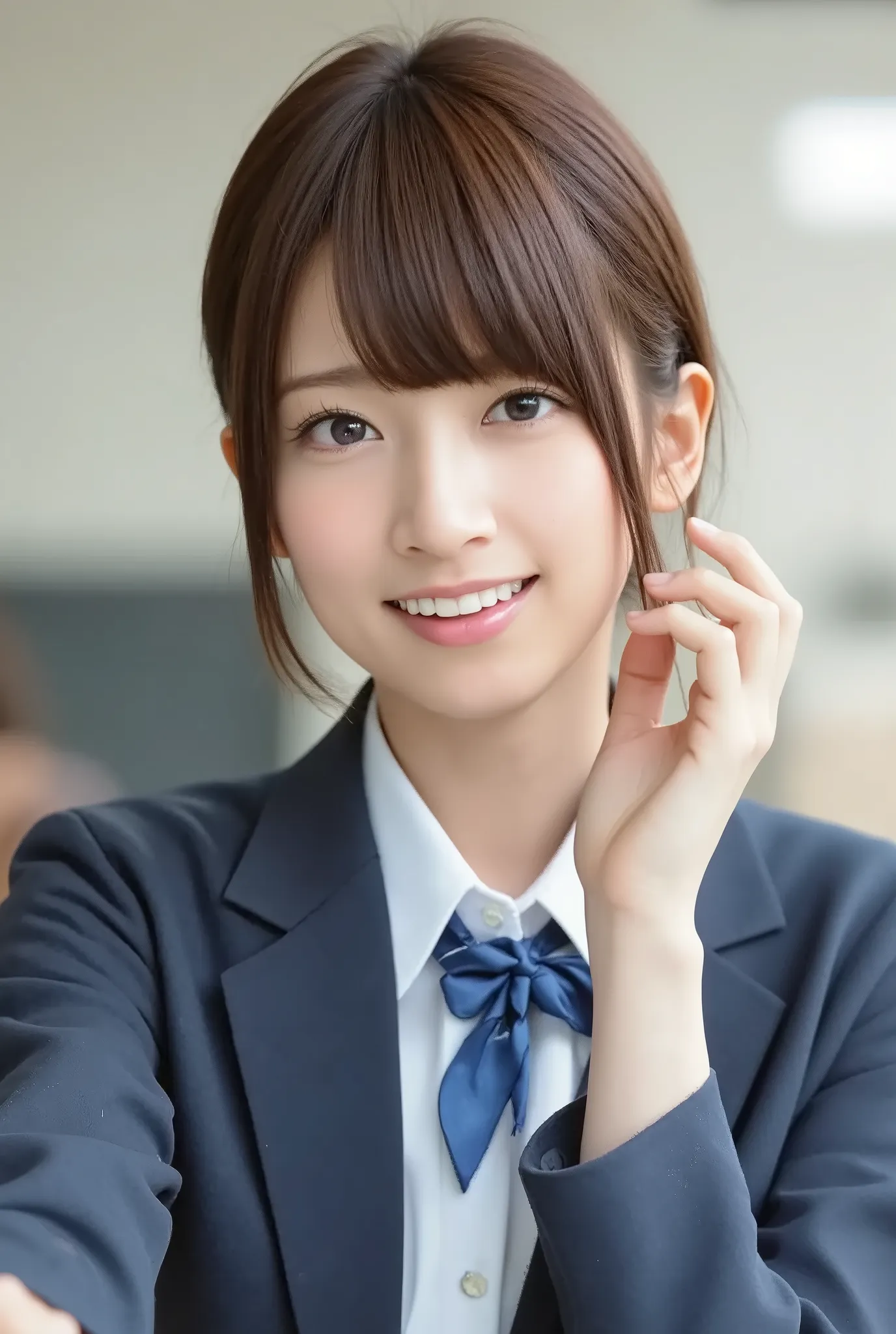 Neat Young Woman、and look at the camera、office lady suit、jacket、shirt、ear piercing、smile showing teeth、 pale brown hair、people talking in the background is inside the room、