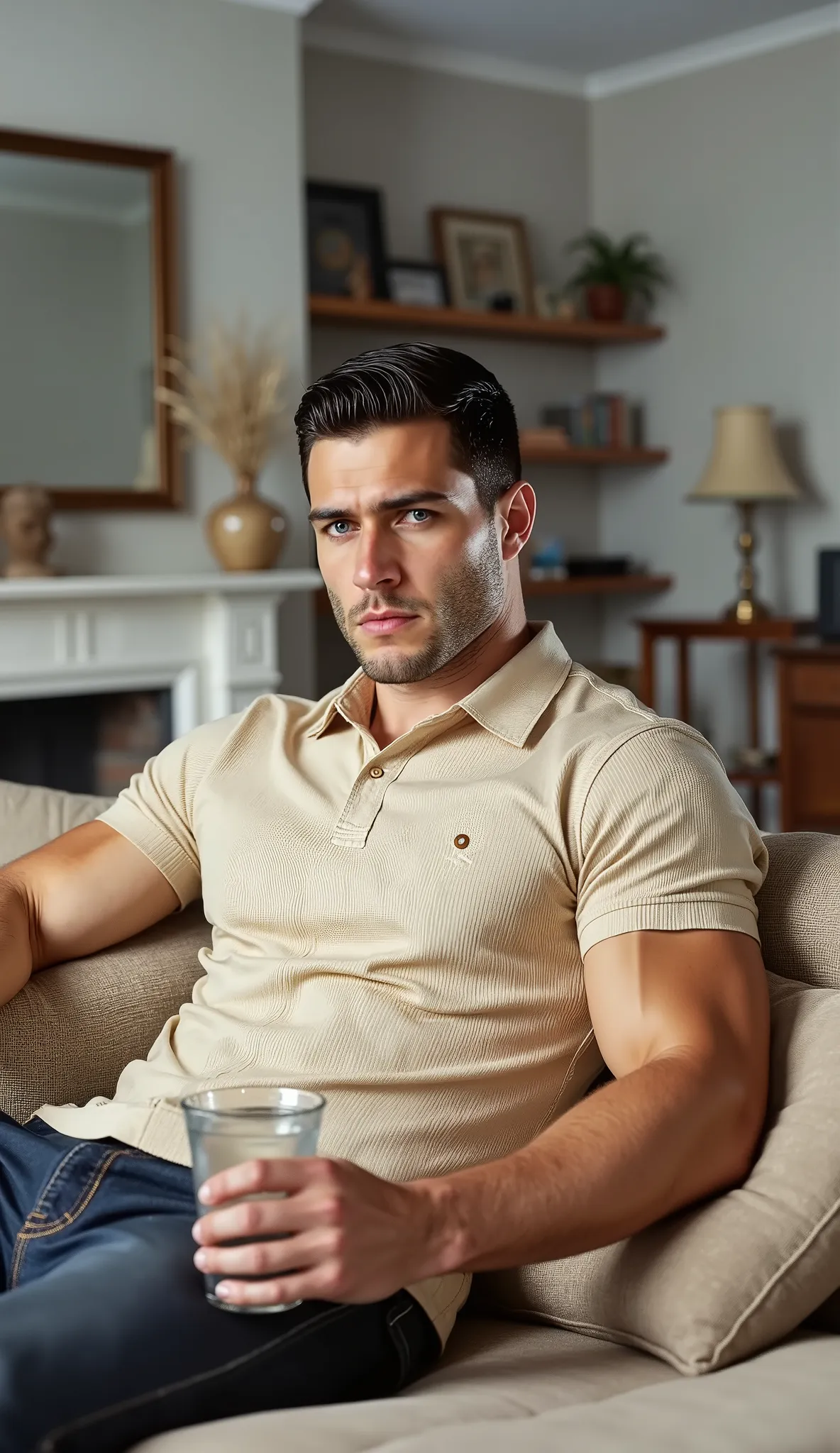 韦斯30-year-old athletic male with muscular build, serious expression, dark brown short hair side-parted styled back with styling product, square face with distinctly defined jawline and prominent cheekbones, thick straight eyebrows, deep-set gray-green eyes...