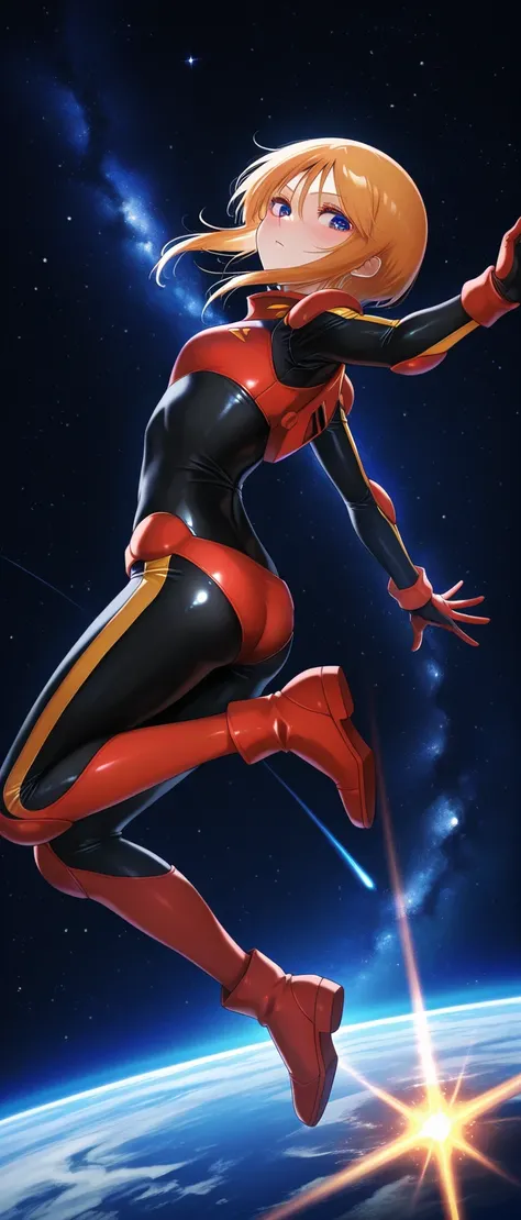 masterpiece, best quality, amazing quality,  1girl, puru two, gundam, uniform costume, in the space, with a galaxy, looking at viewer, full body shot, dynamic pose, dynamic angle, anime screencap