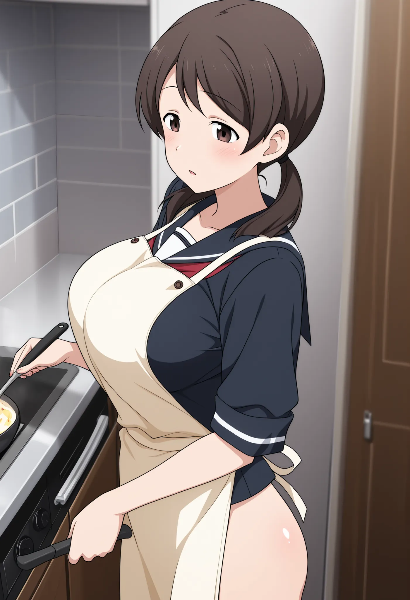 masterpiece, highres, absurdres, amazing quality, best quality, detailed background, 8k, anime screencap, anime coloring,

1girl, solo, shiny skin, serafuku, apron, kitchen, cooking, 

girlnao, brown eyes, brown hair, low twintails, huge breasts, 
