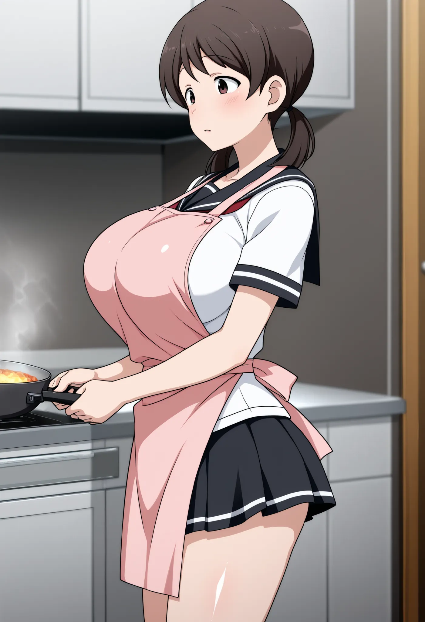 masterpiece, highres, absurdres, amazing quality, best quality, detailed background, 8k, anime screencap, anime coloring,

1girl, solo, shiny skin, school uniform, serafuku, skirt, mini skirt, apron, kitchen, cooking, 

girlnao, brown eyes, brown hair, low...