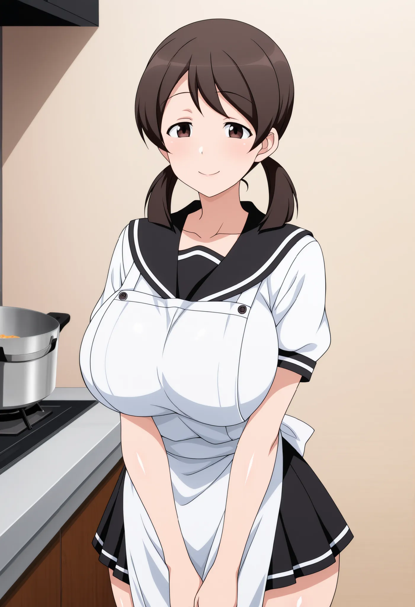 masterpiece, highres, absurdres, amazing quality, best quality, detailed background, 8k, anime screencap, anime coloring,

1girl, solo, shiny skin, school uniform, white serafuku, skirt, black mini skirt, apron, kitchen, cooking, smile, 

girlnao, brown ey...