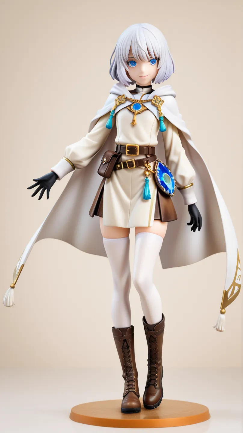 Female 1,no background,10th Generation, like face that seems to exist,Slender,short,short bob hair,white hair with black hands,blue eyes,gentle smile, White Long Tunic ,White hooded cape with long sleeves and a slit from the waist down,Bishop sleeve with white cuffs, white shoulder strap ,The inner miniskirt is only slightly visible from the slits in the,brown leather waist belt with a blue jewel buckle,with a large blue jewel buckle on the waist belt,Waist belt with pouch and tassel,White Stockings,brown leather combat boots with cuffs,full body standing pose,anime art,clean line art,very detailed,soft shading
